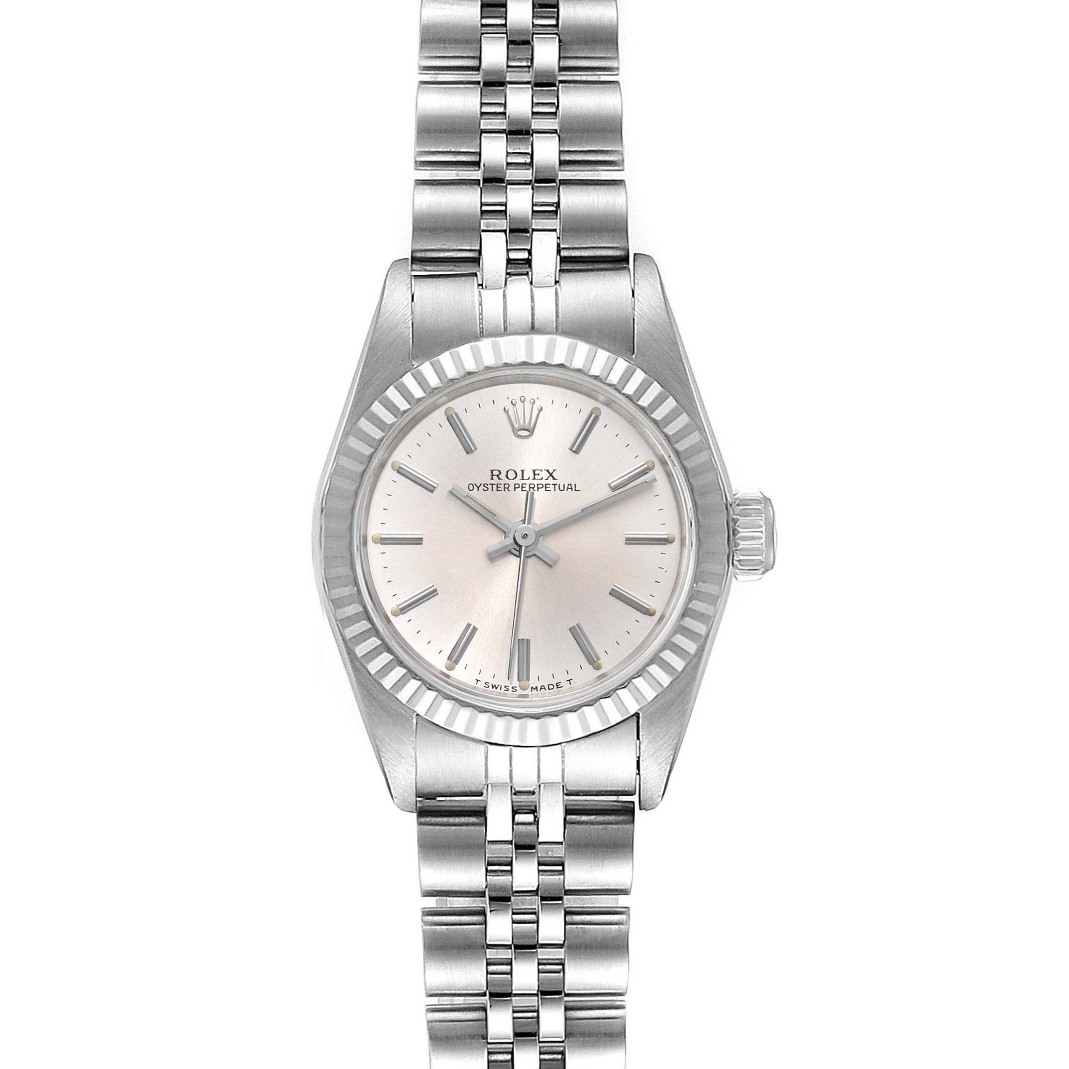 The image shows a front view of a Rolex Oyster Perpetual 67194 Women's Stainless Steel Silver Dial 67194 Women's Stainless Steel Silver Dial watch, featuring its dial, bezel, crown, and bracelet.