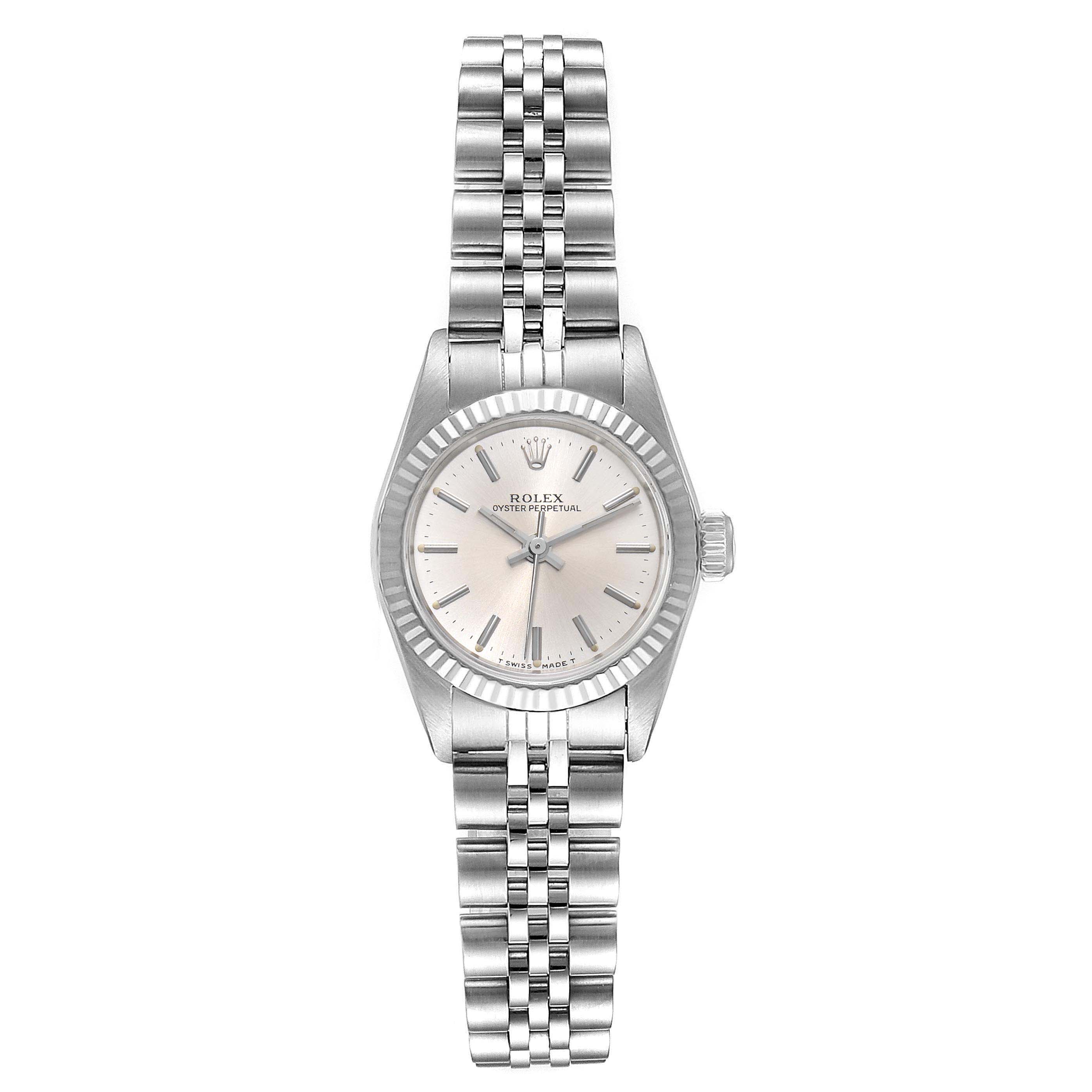 The image shows a front view of the Rolex Oyster Perpetual 67194 Women's Stainless Steel Silver Dial 67194 Women's Stainless Steel Silver Dial watch, highlighting its silver bracelet and dial.
