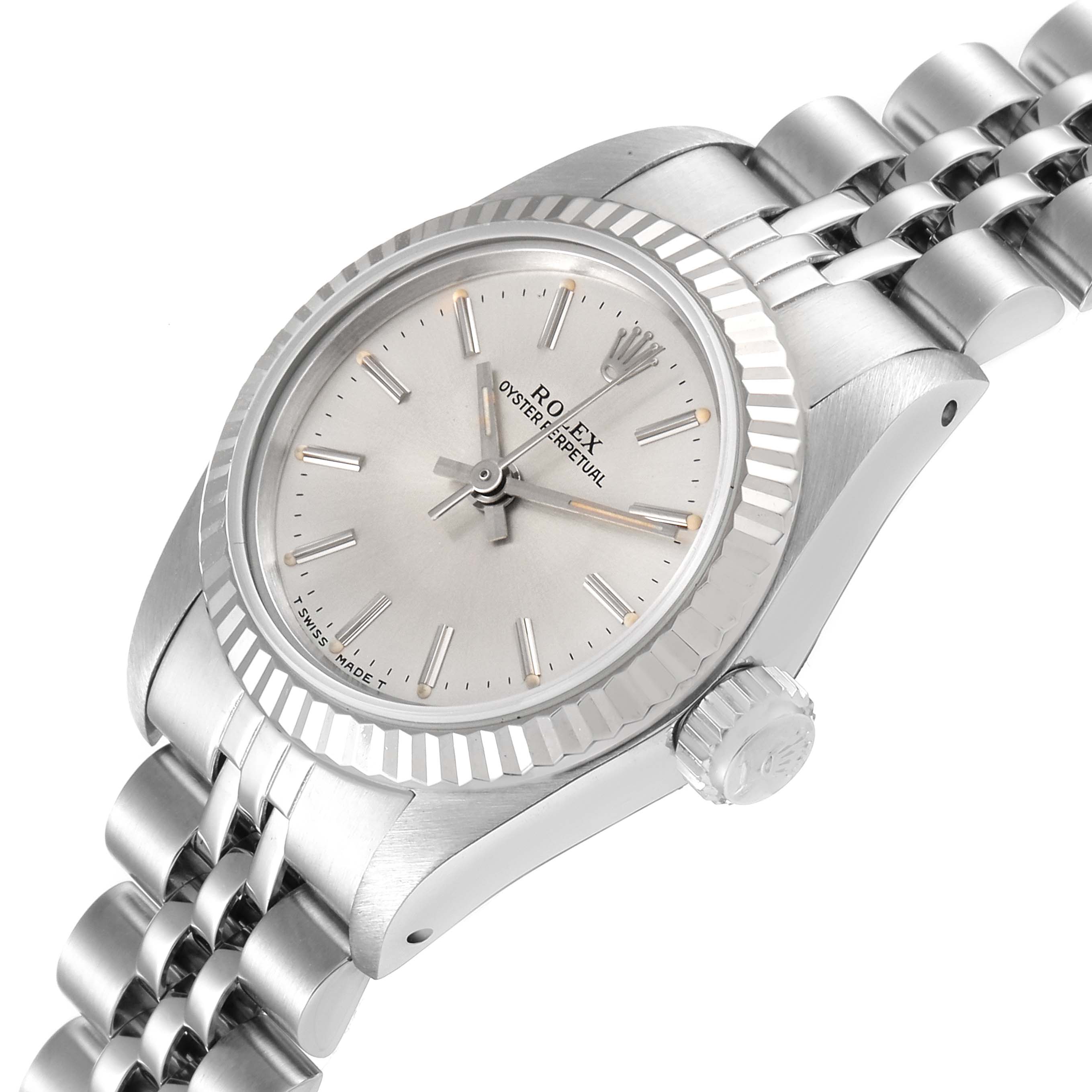 The image shows a close-up, angled view of a Rolex Oyster Perpetual 67194 Women's Stainless Steel Silver Dial 67194 Women's Stainless Steel Silver Dial watch showcasing its dial, bezel, crown, and bracelet.