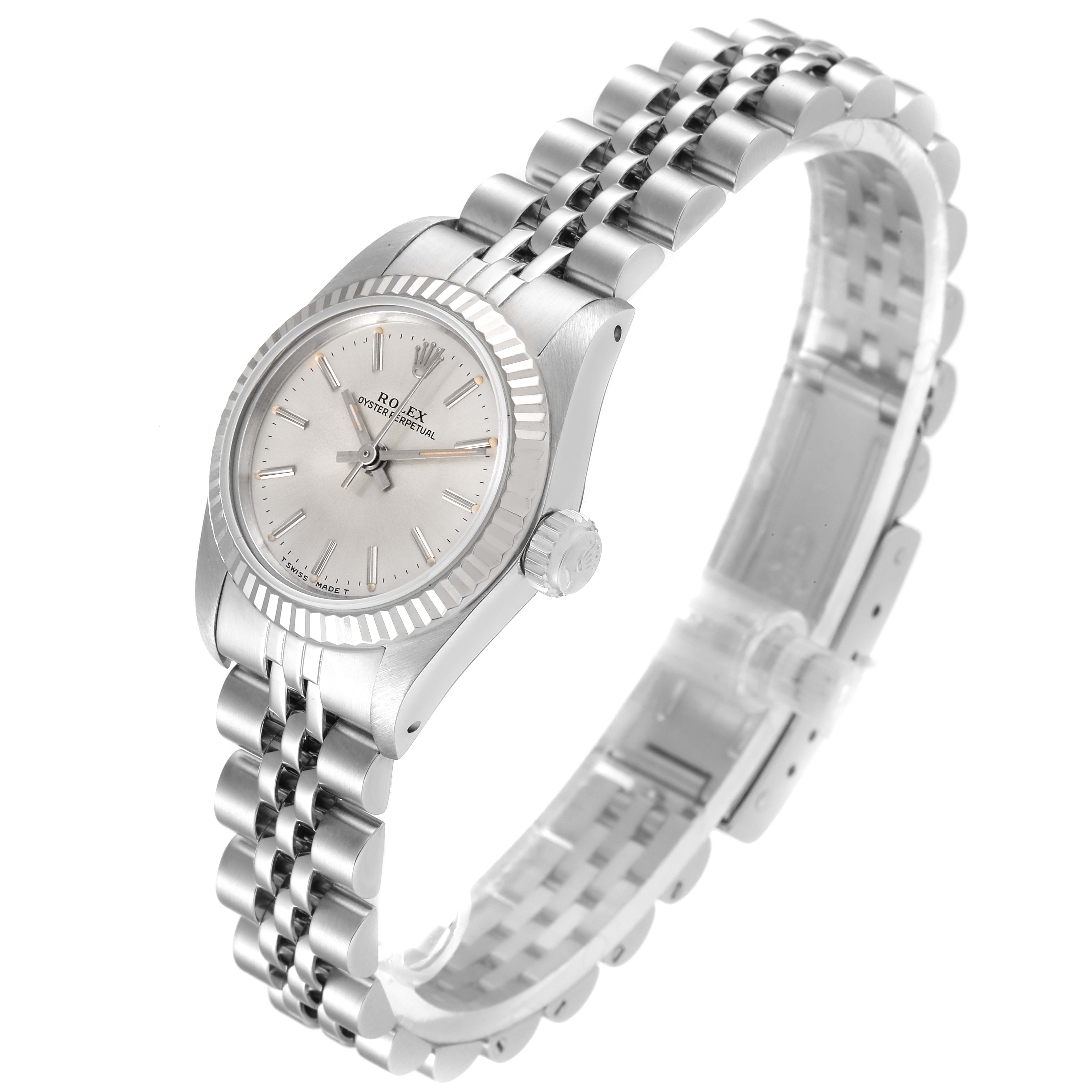 The image shows a Rolex Oyster Perpetual 67194 Women's Stainless Steel Silver Dial 67194 Women's Stainless Steel Silver Dial watch at a three-quarter angle, highlighting the dial, bezel, and bracelet.