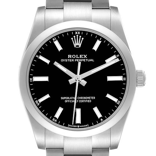 The Rolex Oyster Perpetual 124200 Men's Stainless Steel Black Dial watch is shown from a front angle, highlighting the dial, hands, crown, and part of the bracelet.