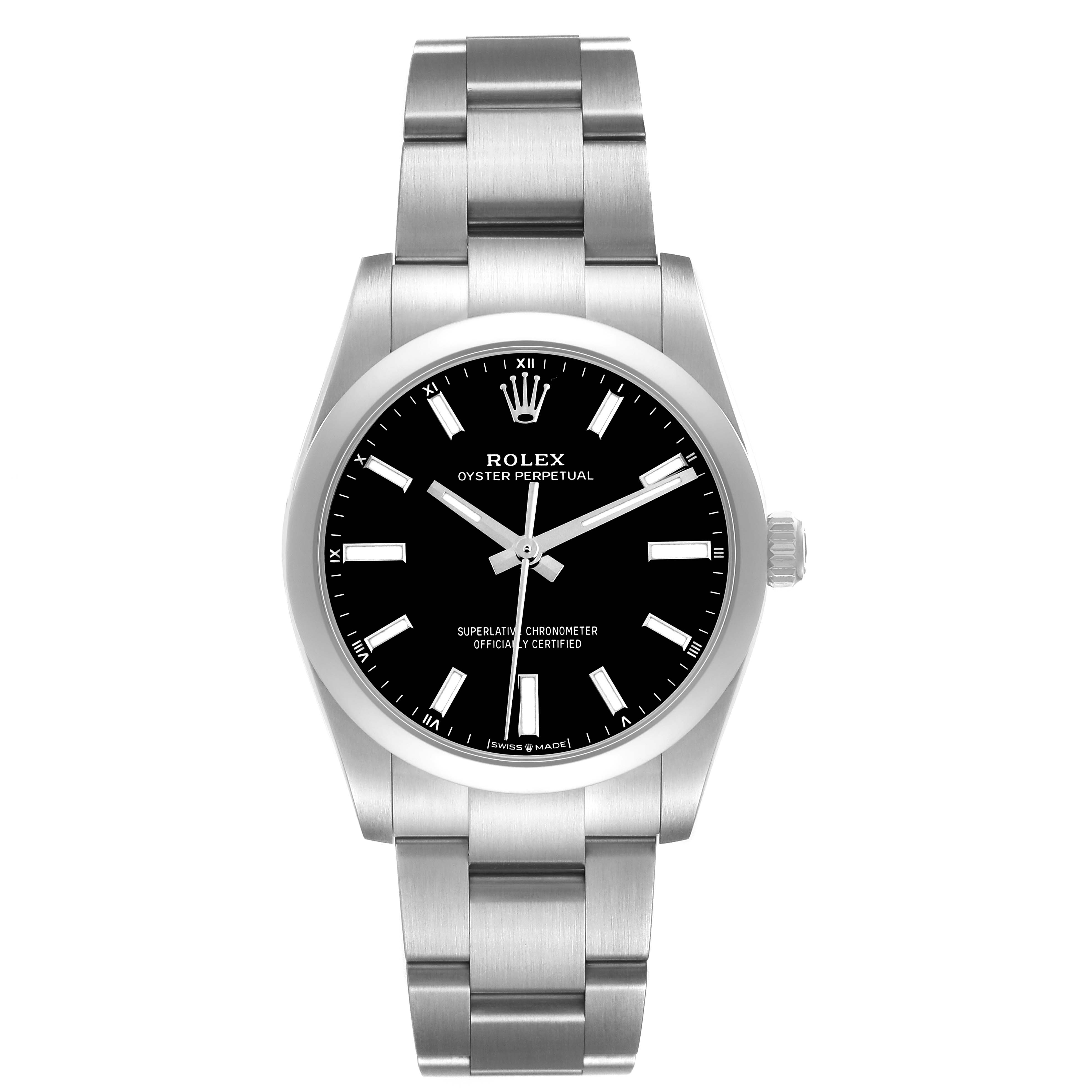 The Rolex Oyster Perpetual 124200 Men's Stainless Steel Black Dial watch is shown from a front angle, displaying its dial, bezel, and bracelet clearly.