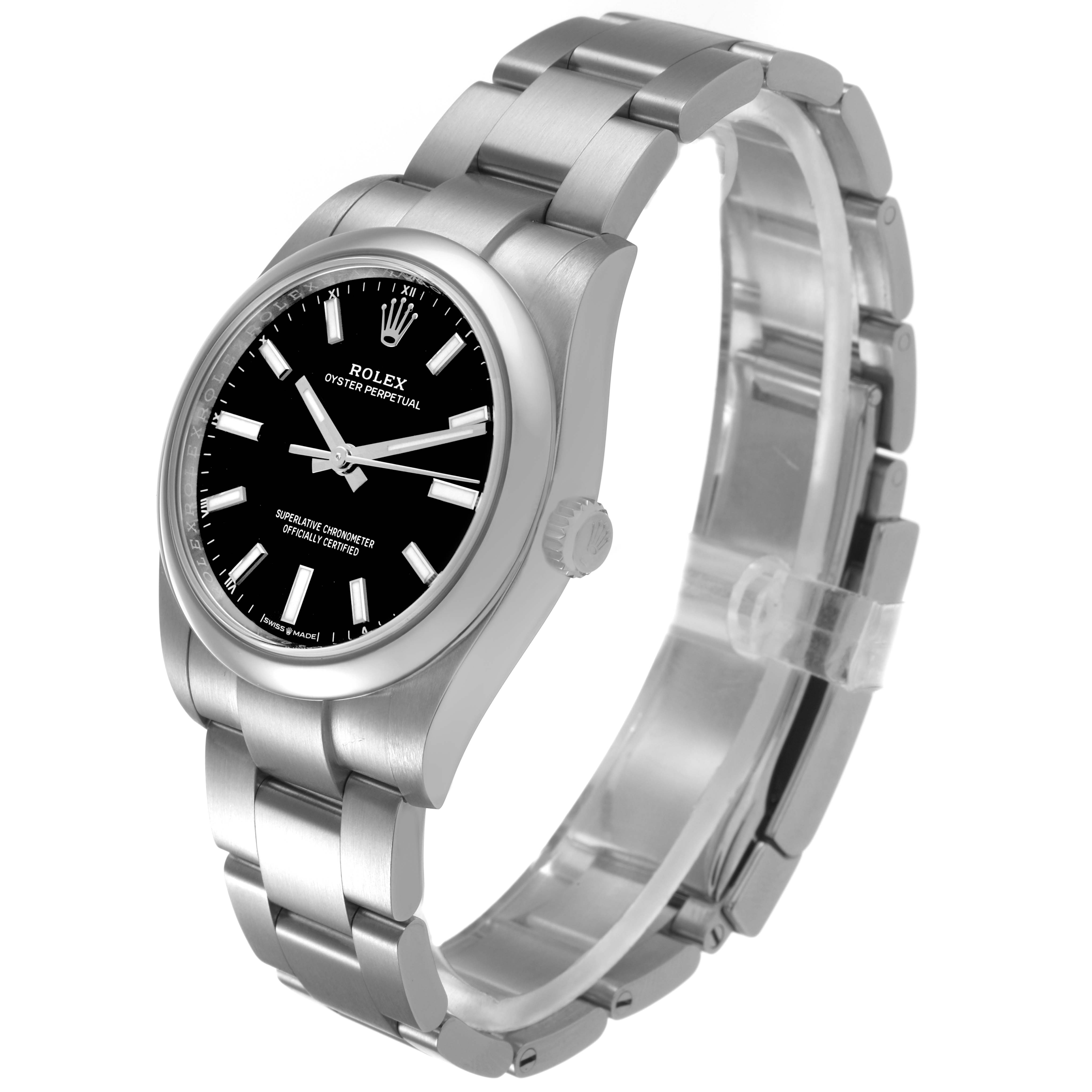 The image shows a side angle of the Rolex Oyster Perpetual 124200 Men's Stainless Steel Black Dial watch, highlighting its black dial, stainless steel case, and bracelet.