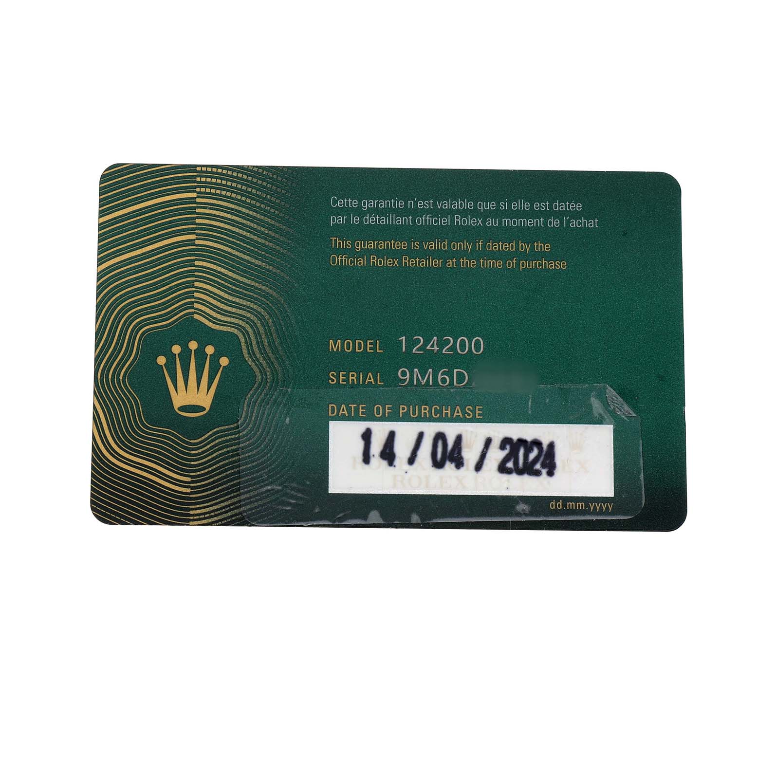 This is a warranty card for the Rolex Oyster Perpetual 124200 Men's Stainless Steel Black Dial model 124200, showing model, serial number, and purchase date.