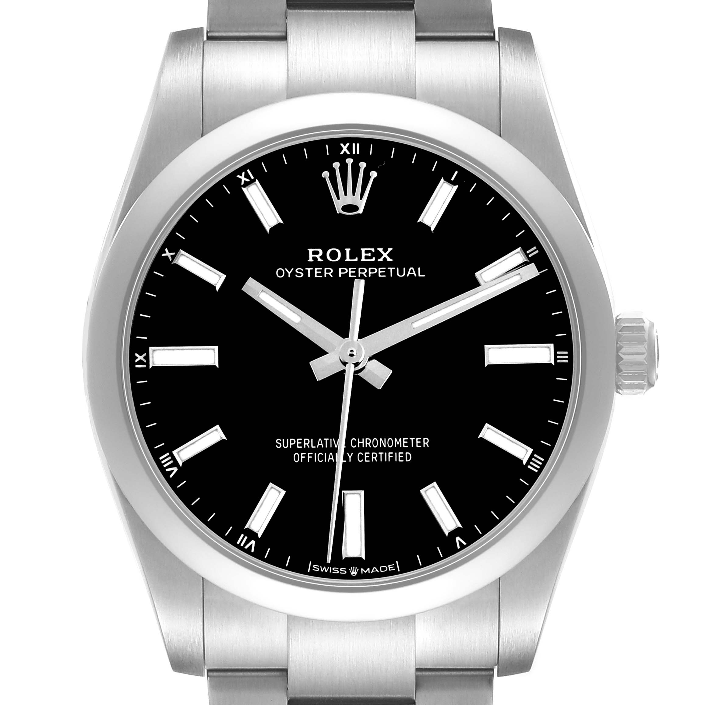 The Rolex Oyster Perpetual 124200 Men's Stainless Steel Black Dial watch is shown from a front angle, displaying the face, bezel, and part of the bracelet.