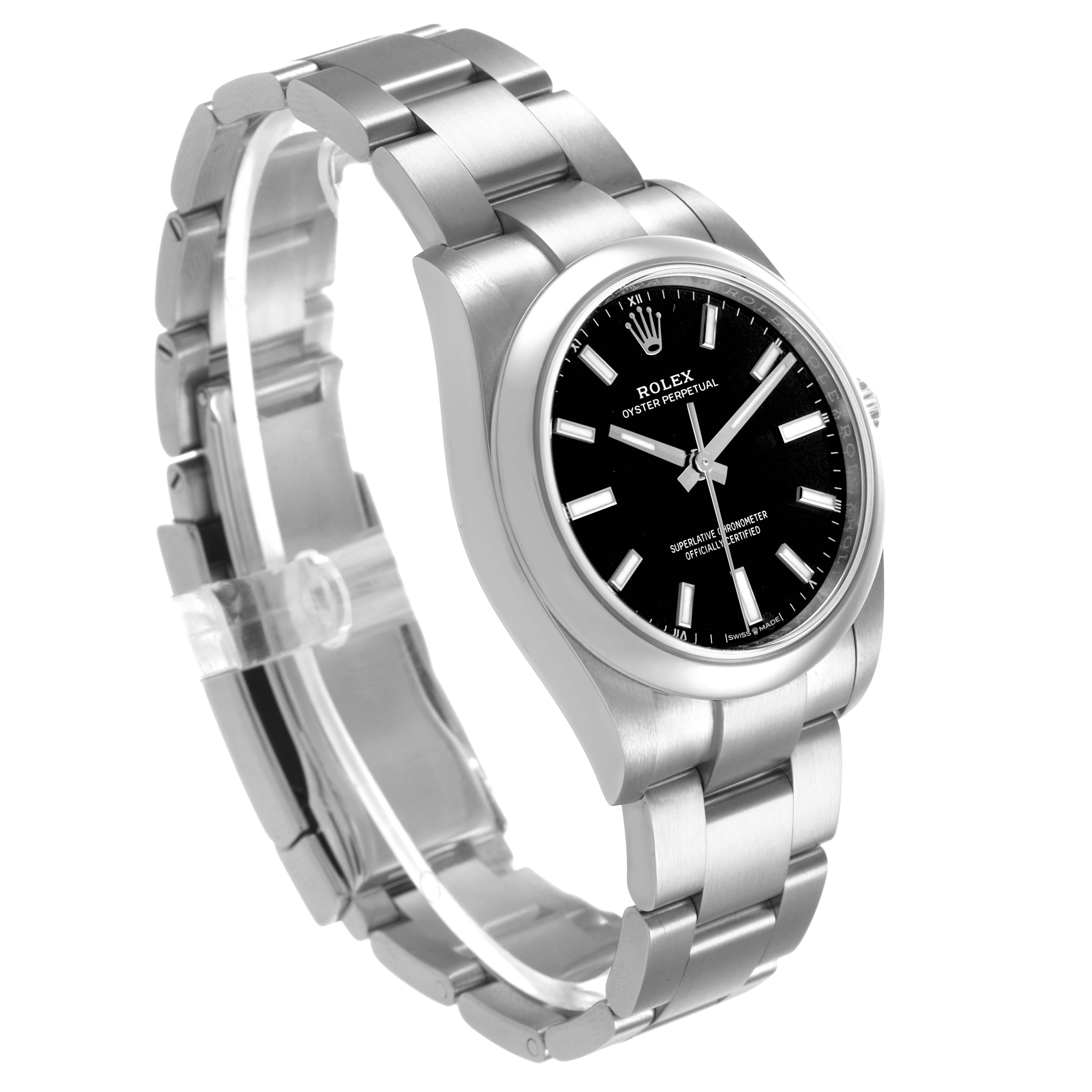 The Rolex Oyster Perpetual 124200 Men's Stainless Steel Black Dial watch is shown at a three-quarter angle, highlighting the bracelet, case, and dial.