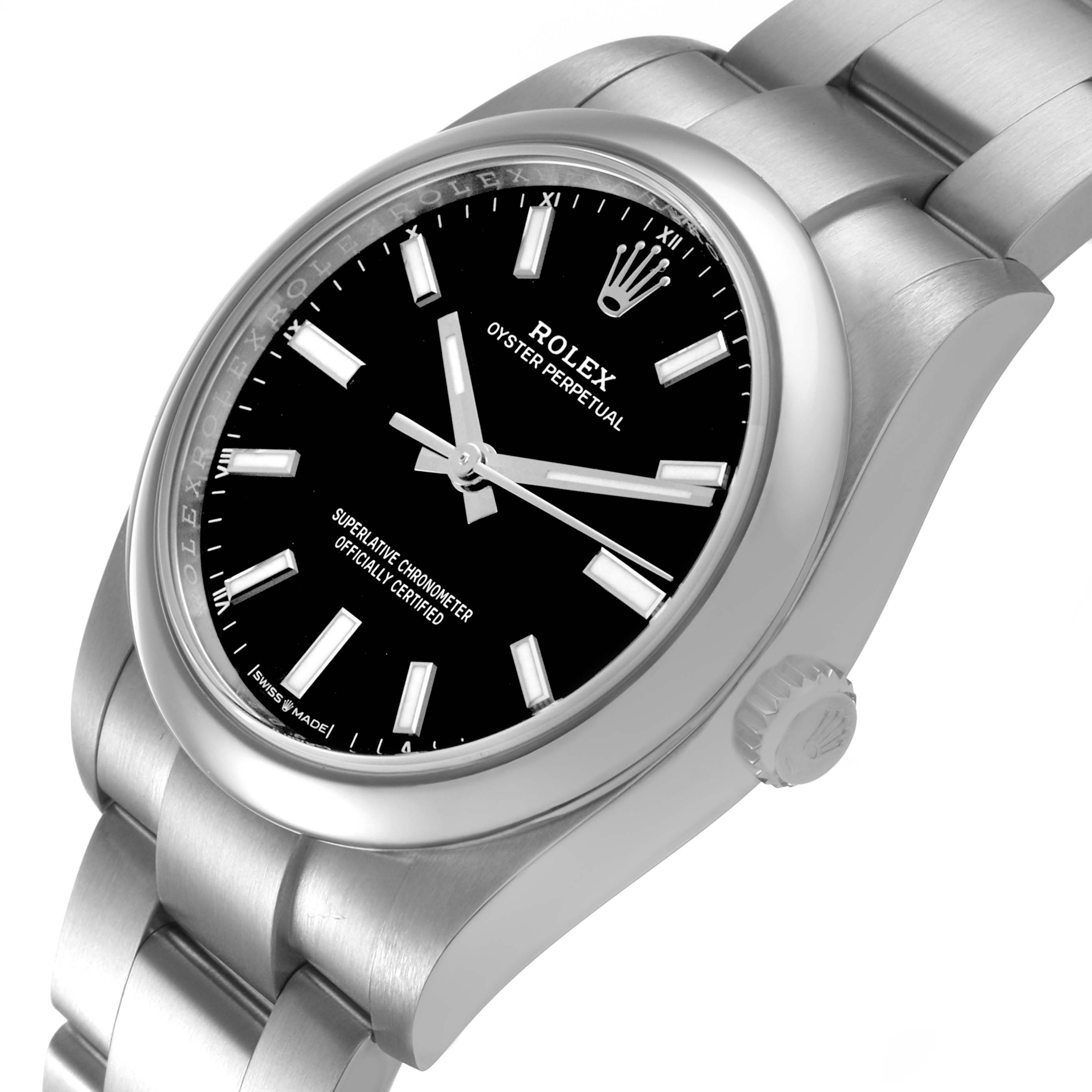 The Rolex Oyster Perpetual 124200 Men's Stainless Steel Black Dial watch is shown at an angle highlighting the dial, bezel, and part of the bracelet.
