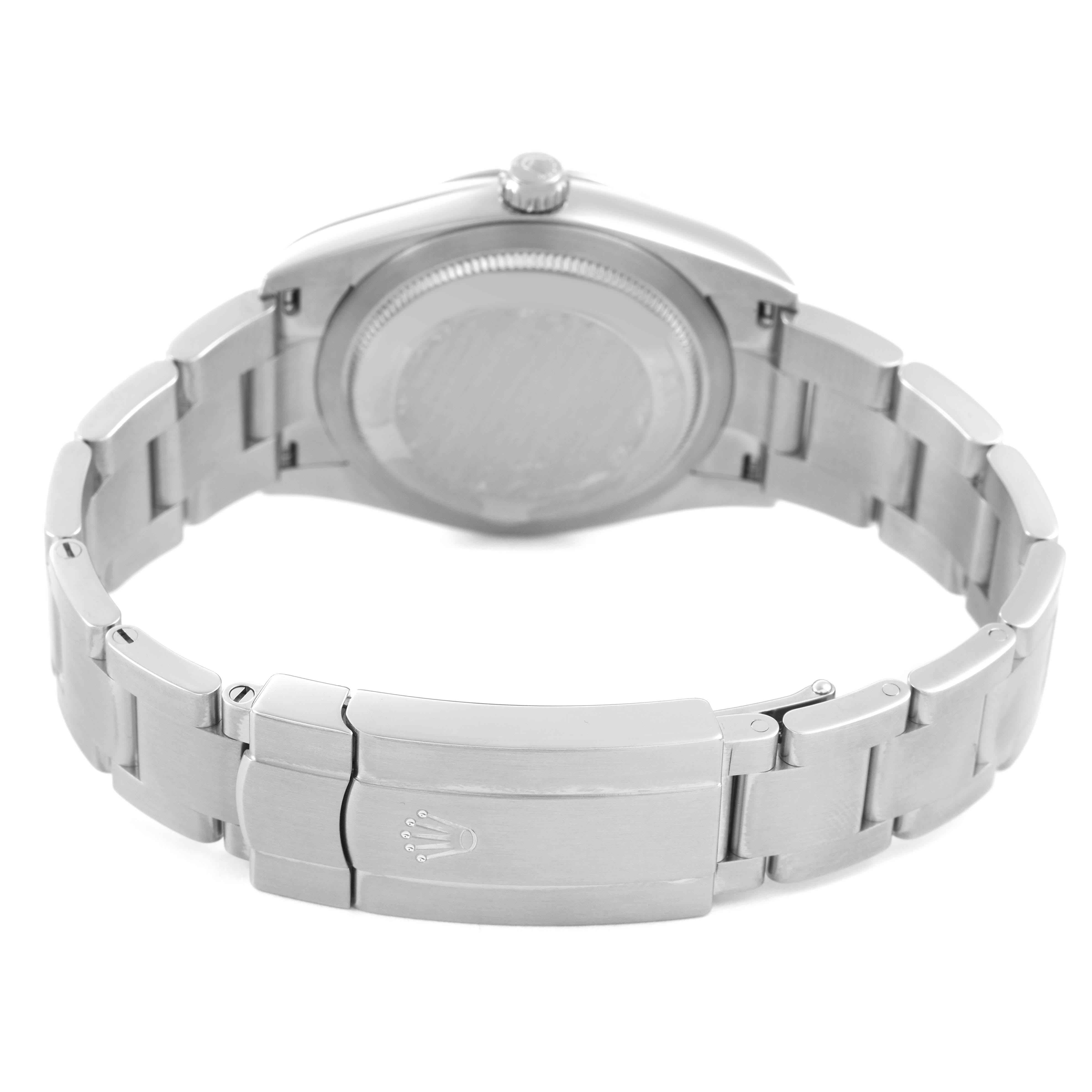 The image shows the back and clasp of the Rolex Oyster Perpetual 124200 Men's Stainless Steel Black Dial watch, highlighting the bracelet and case back.