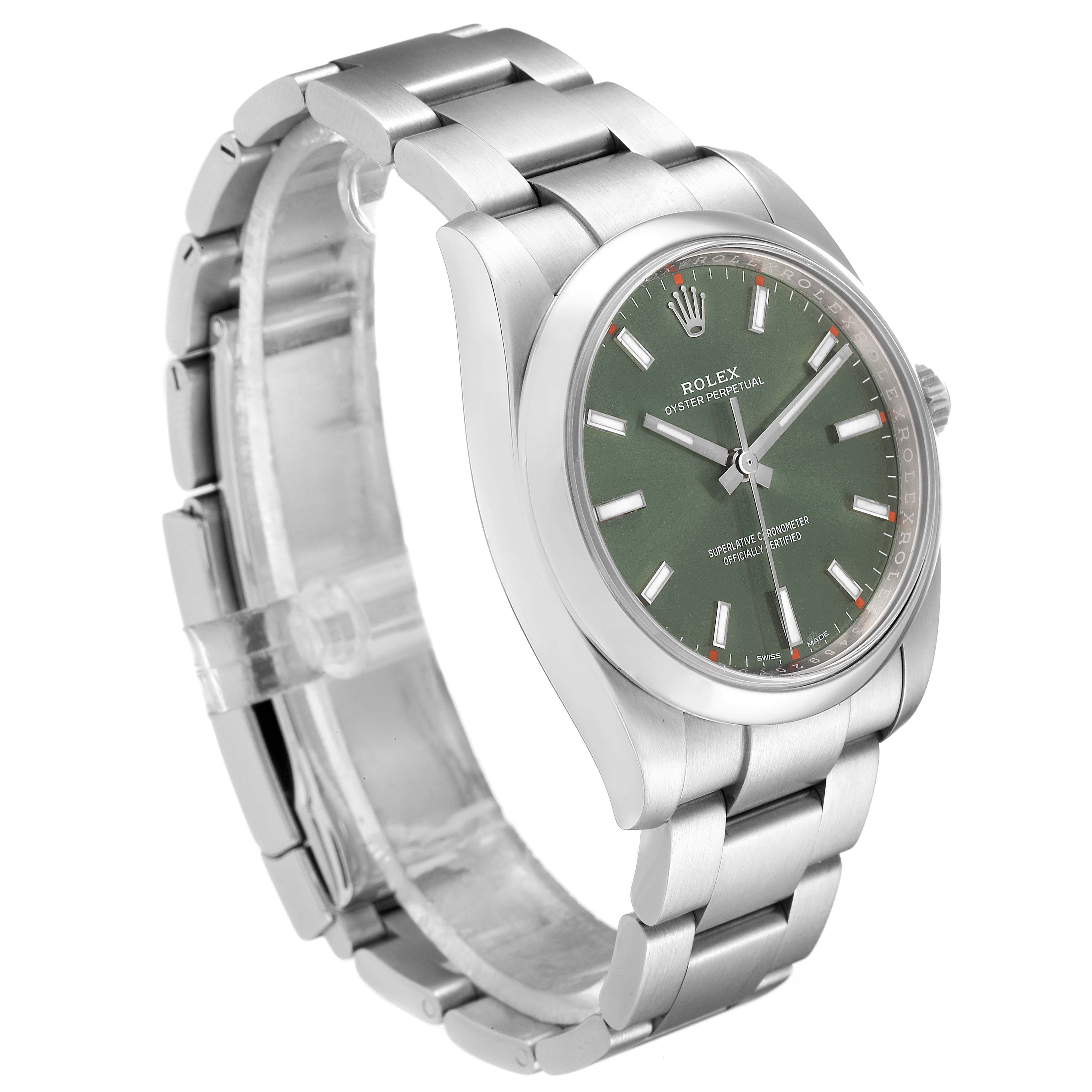 The image shows a side angle of a Rolex Oyster Perpetual 114200 Men's Stainless Steel Green Dial 114200 Men's Stainless Steel Green Dial watch, highlighting the bracelet, case, and green dial.
