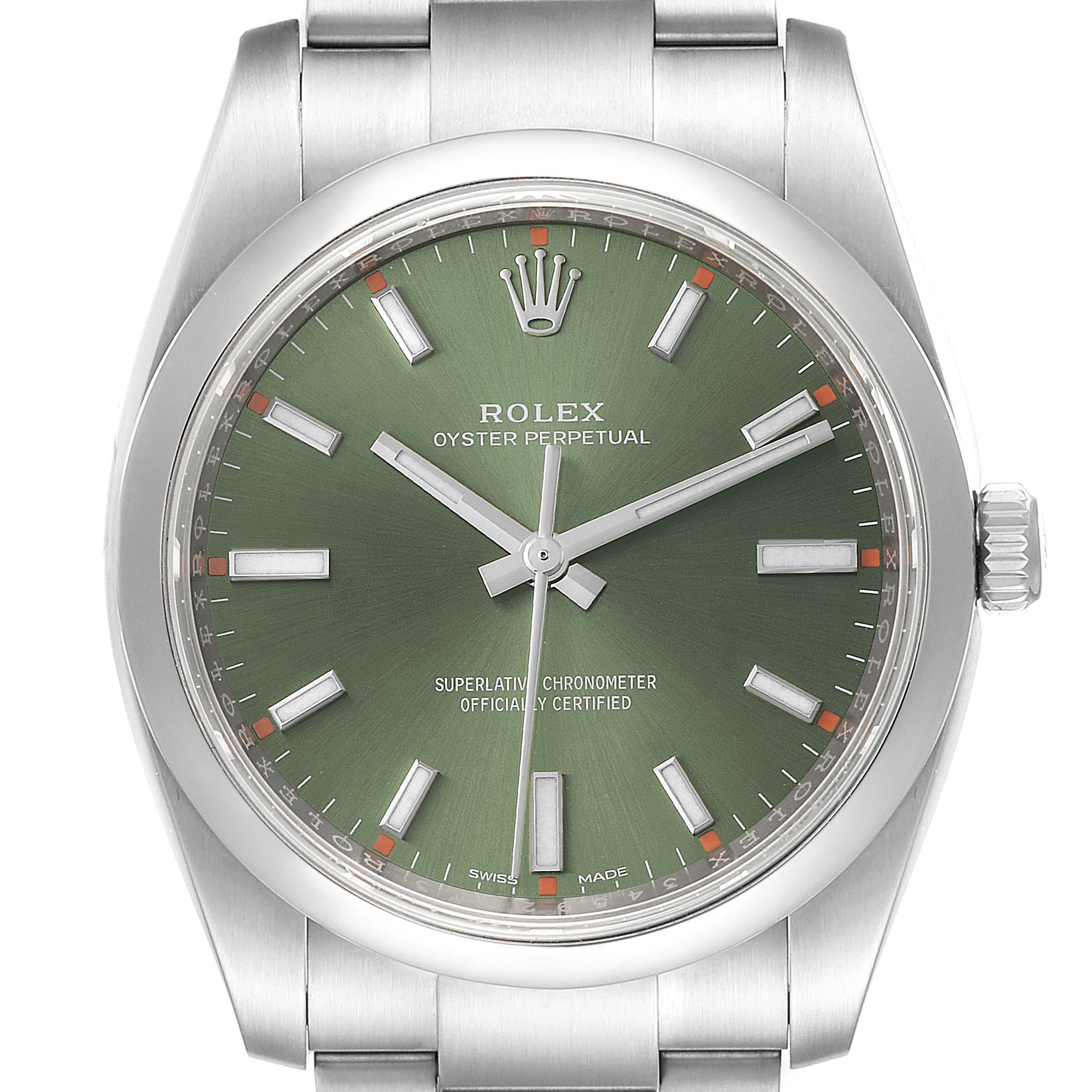 This image shows a front angle view of the Rolex Oyster Perpetual 114200 Men's Stainless Steel Green Dial 114200 Men's Stainless Steel Green Dial watch, focusing on its green dial and stainless steel bracelet.