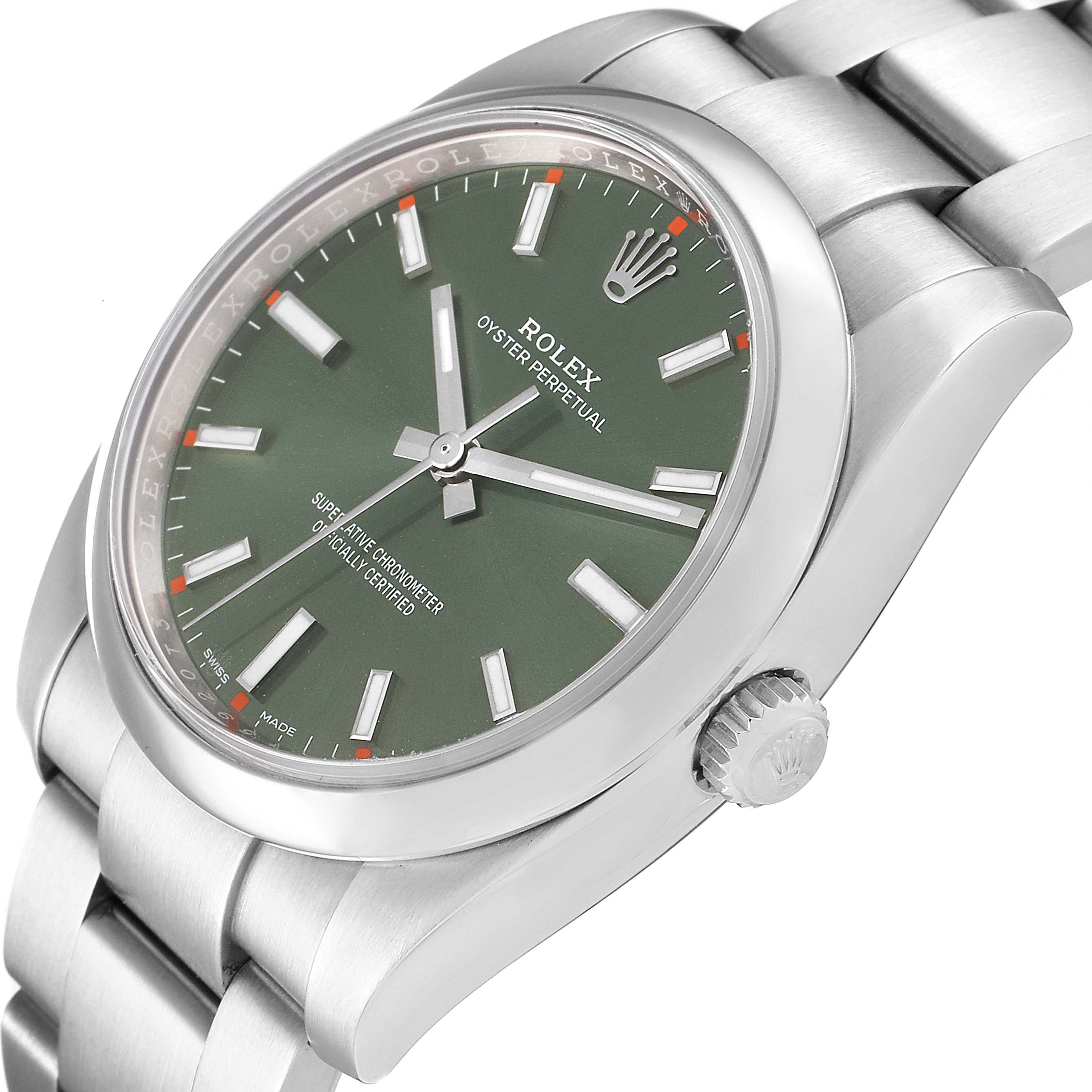 This image shows a Rolex Oyster Perpetual 114200 Men's Stainless Steel Green Dial 114200 Men's Stainless Steel Green Dial watch from an oblique angle, highlighting the watch face, bezel, crown, and part of the bracelet.