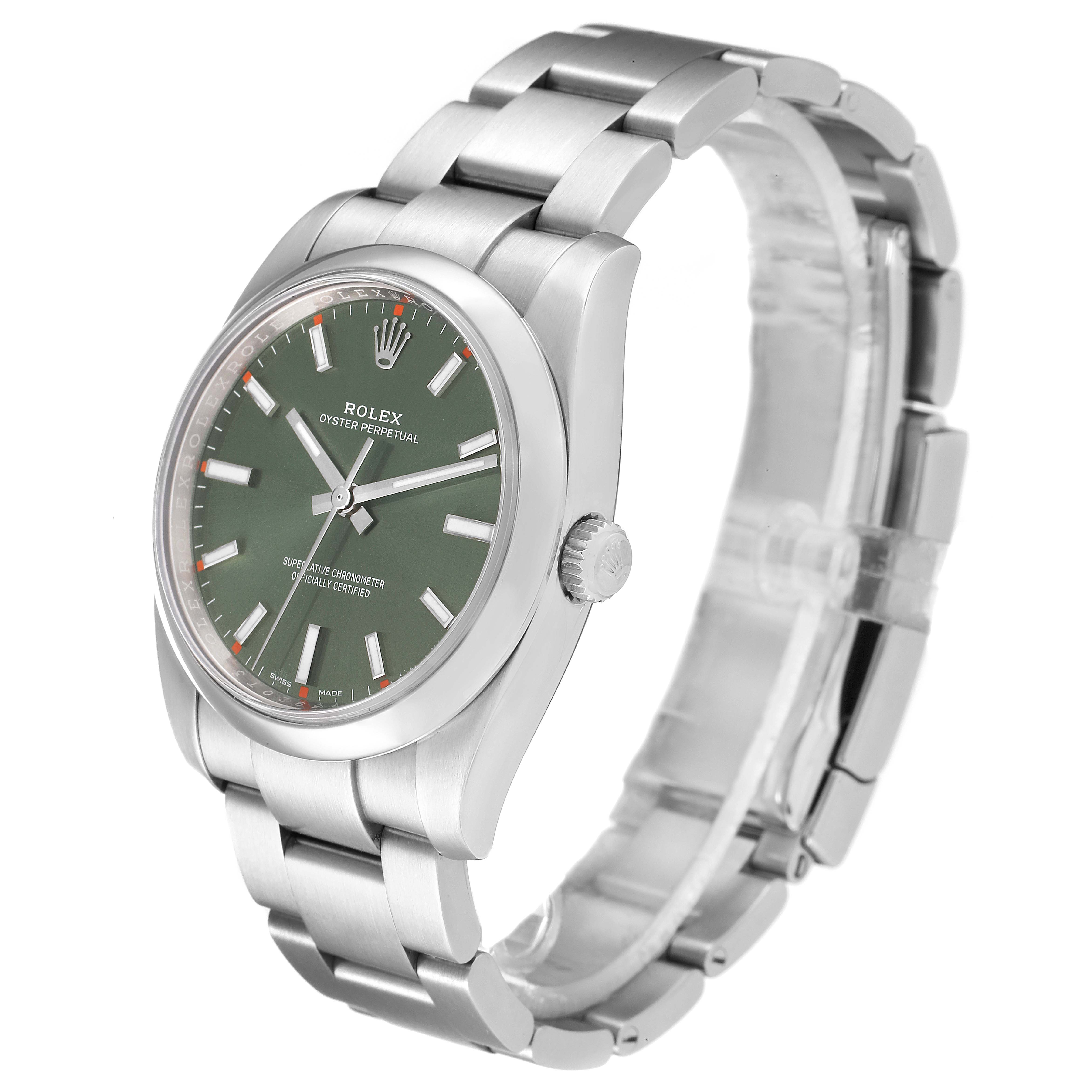This is a side-angle view of a Rolex Oyster Perpetual 114200 Men's Stainless Steel Green Dial 114200 Men's Stainless Steel Green Dial watch showing the bracelet, bezel, dial, and crown.