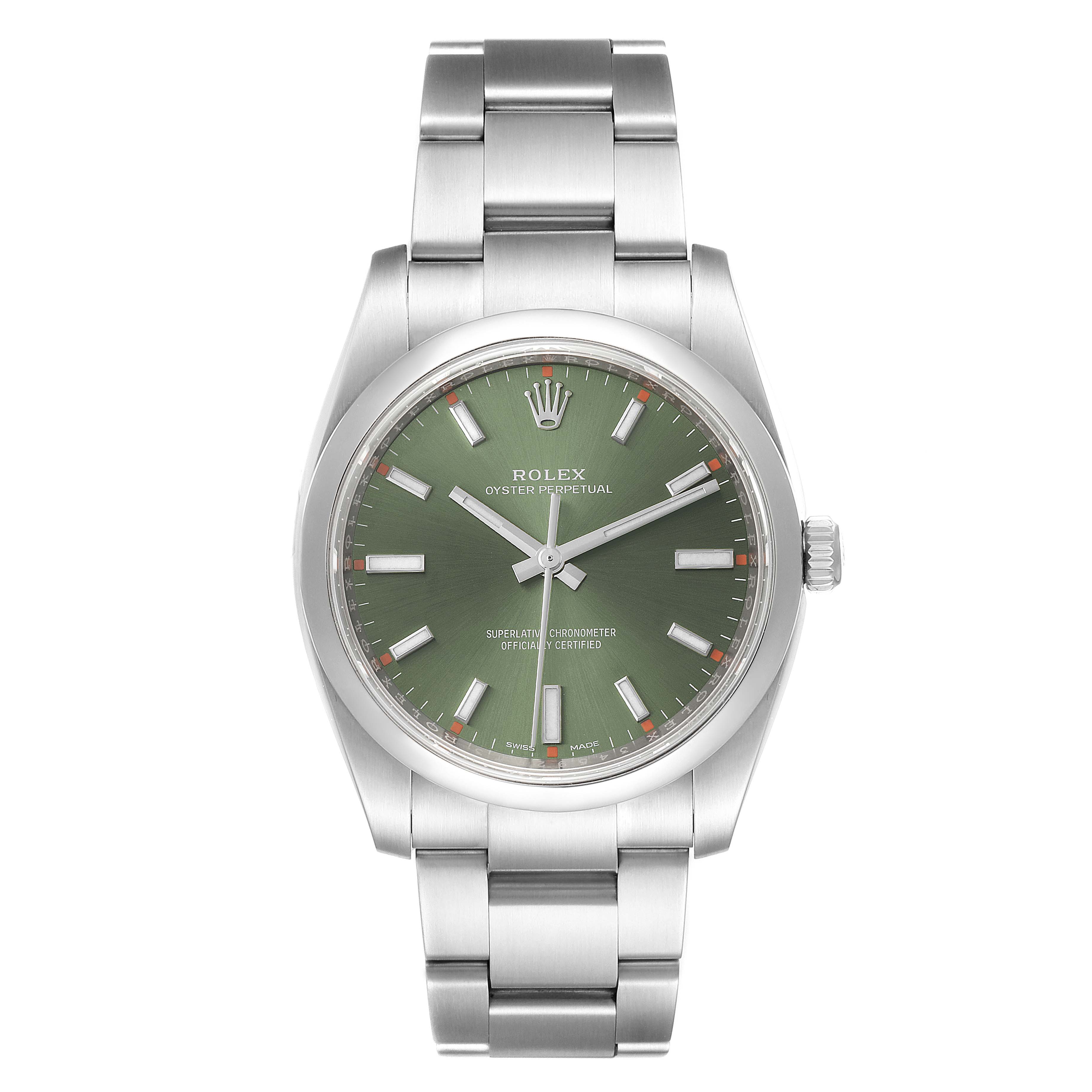 This is a front view of a Rolex Oyster Perpetual 114200 Men's Stainless Steel Green Dial 114200 Men's Stainless Steel Green Dial watch displaying the face, bezel, and bracelet.
