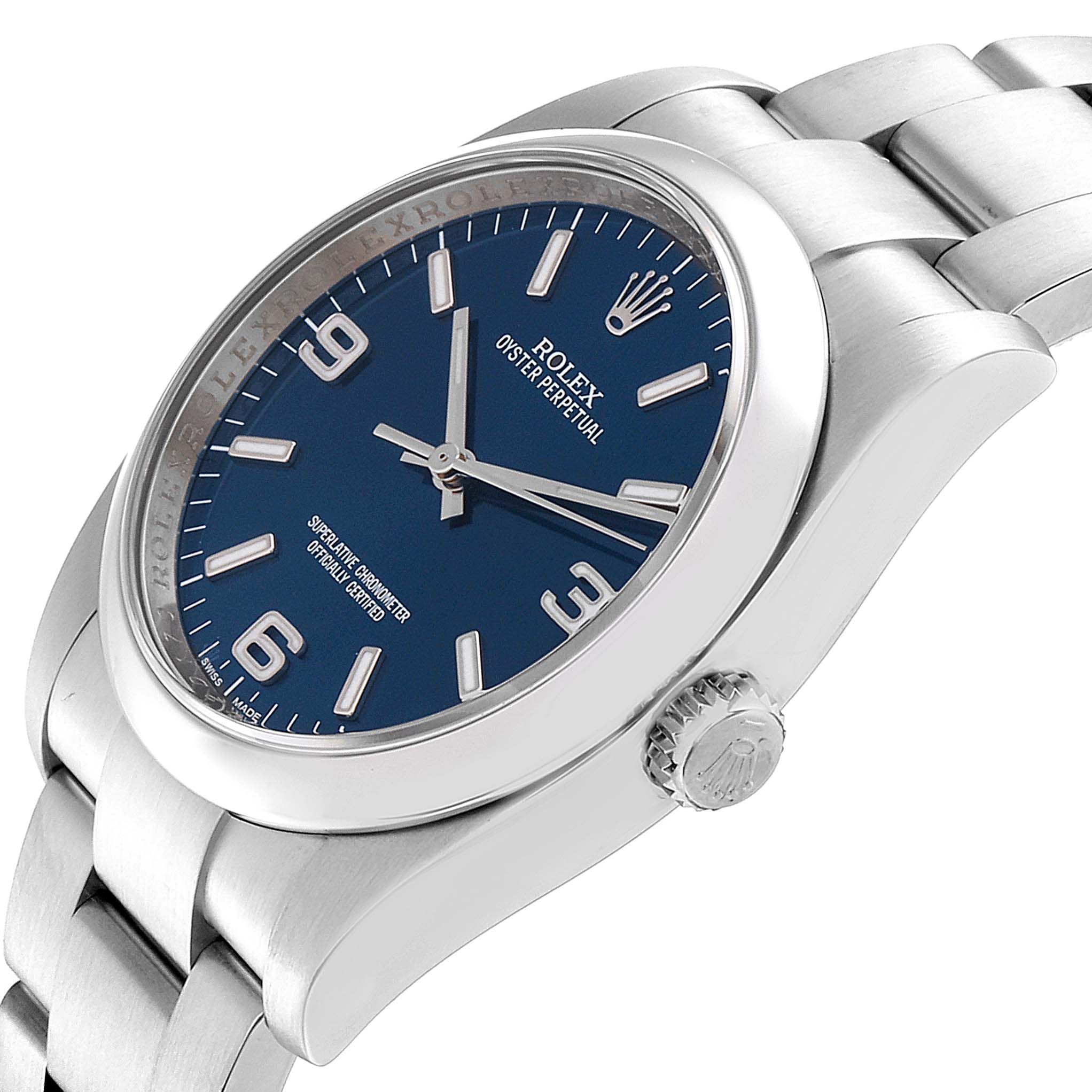 The image shows a close-up angled view of the Rolex Oyster Perpetual 116000 Men's Stainless Steel Blue Dial 116000 Men's Stainless Steel Blue Dial watch, displaying its dial, bezel, and part of the bracelet.