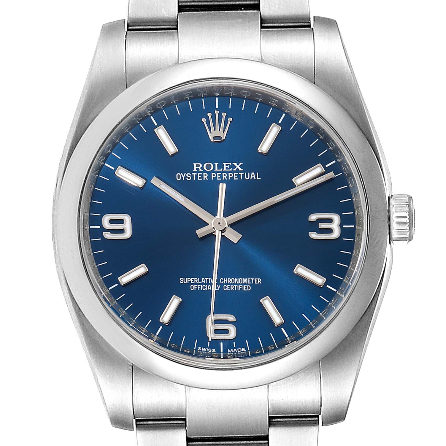 The image shows a front view of the Rolex Oyster Perpetual 116000 Men's Stainless Steel Blue Dial 116000 Men's Stainless Steel Blue Dial watch, highlighting its blue dial and stainless steel bracelet.