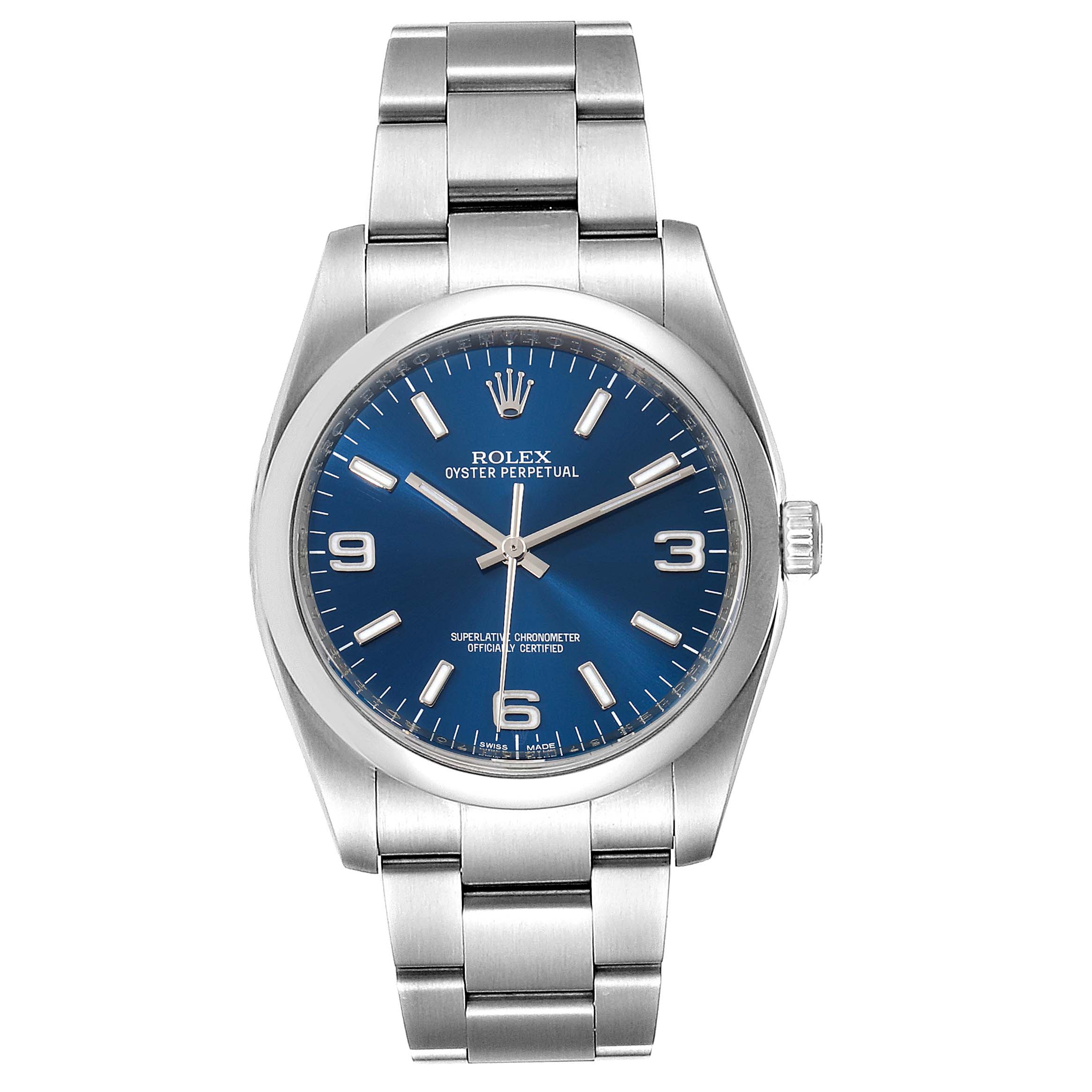 The image shows a front view of a Rolex Oyster Perpetual 116000 Men's Stainless Steel Blue Dial 116000 Men's Stainless Steel Blue Dial watch, highlighting its blue dial and stainless steel bracelet.