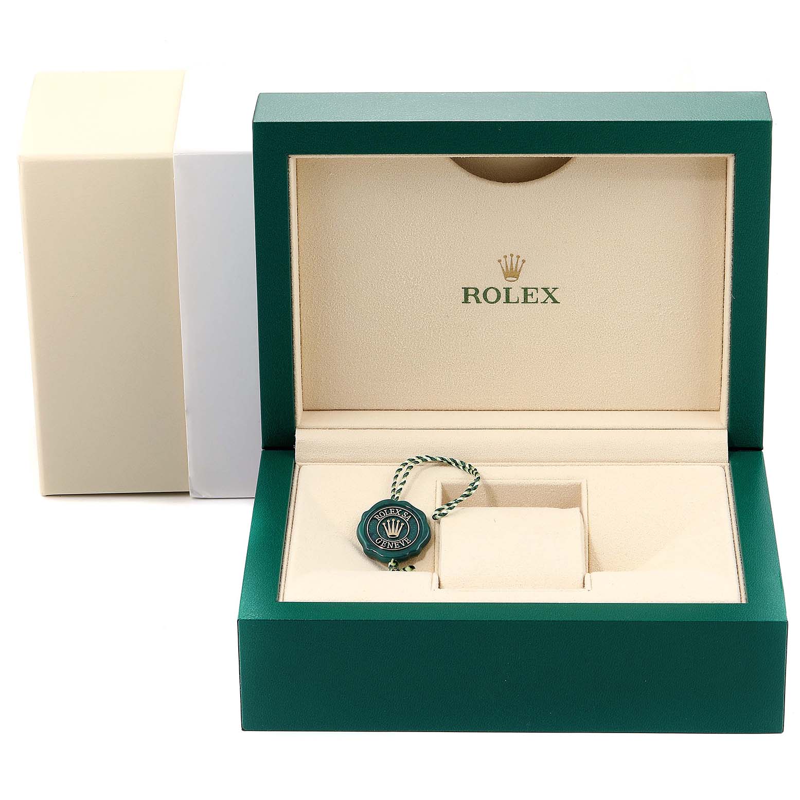The image shows the open packaging of a Rolex Oyster Perpetual 116000 Men's Stainless Steel Blue Dial 116000 Men's Stainless Steel Blue Dial watch, including the box, cushion, and tag.