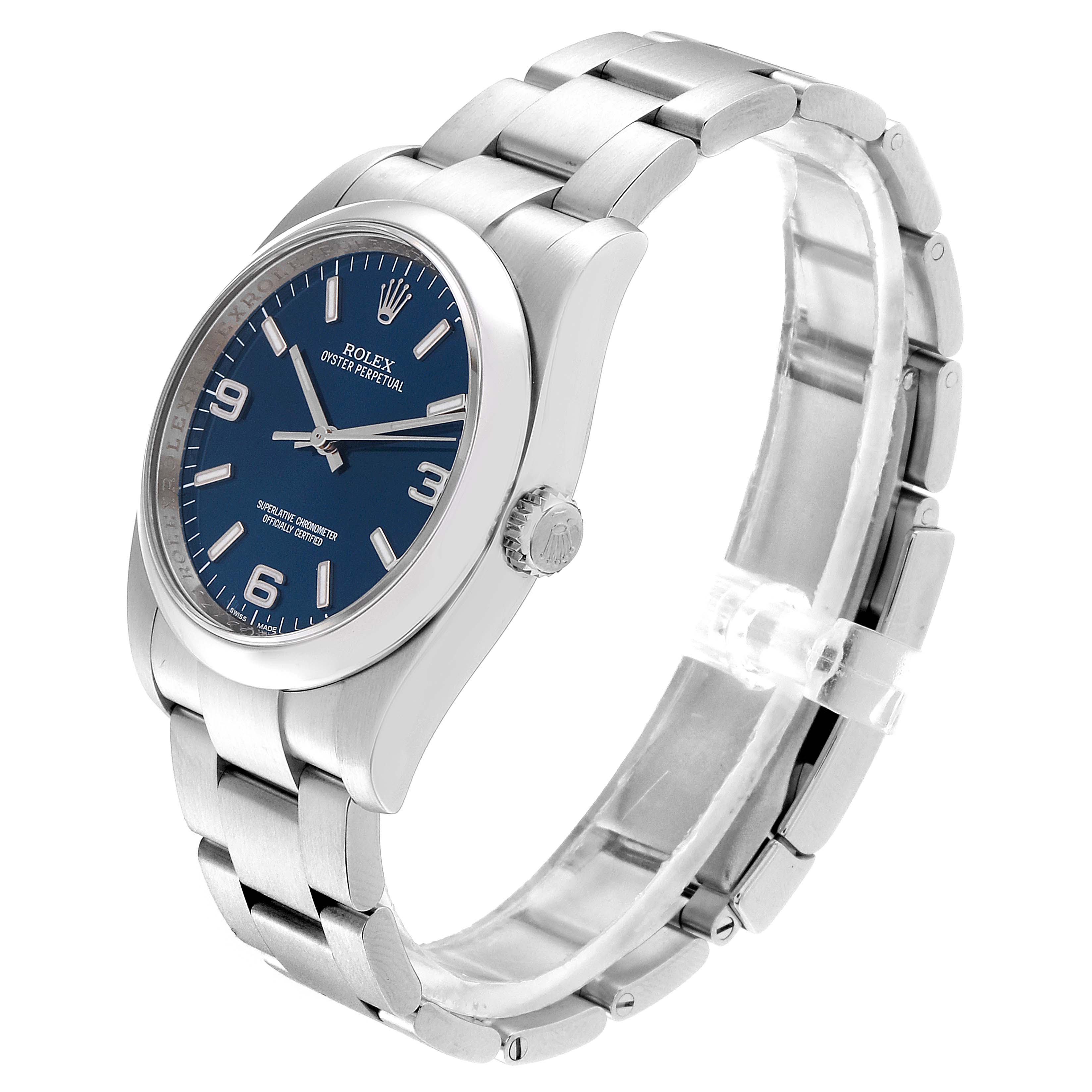 The image shows a left side angle of the Rolex Oyster Perpetual 116000 Men's Stainless Steel Blue Dial 116000 Men's Stainless Steel Blue Dial watch, highlighting its dial, bezel, case, and bracelet.