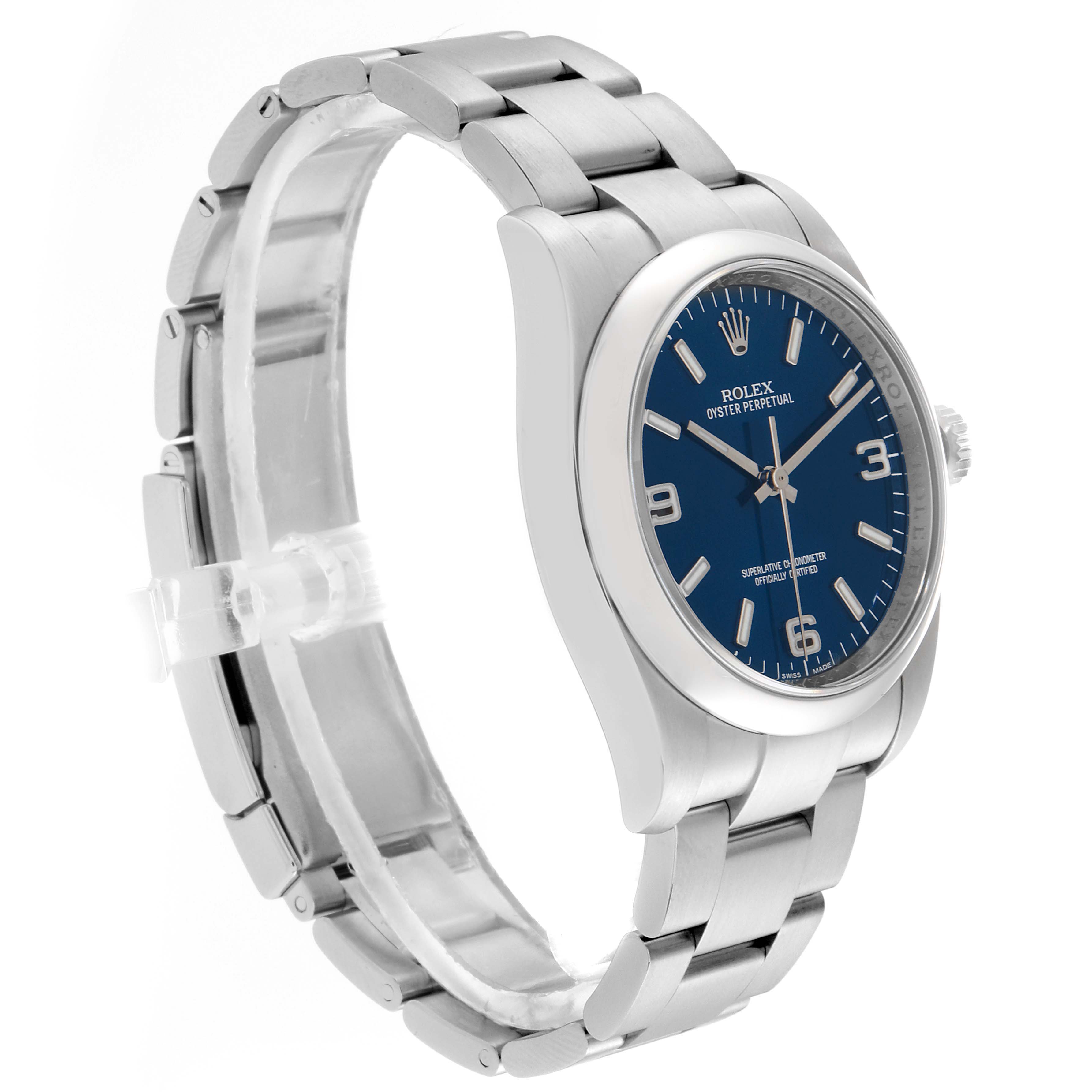 The image shows a side angle of a Rolex Oyster Perpetual 116000 Men's Stainless Steel Blue Dial 116000 Men's Stainless Steel Blue Dial watch, highlighting its blue dial, bracelet, and case.