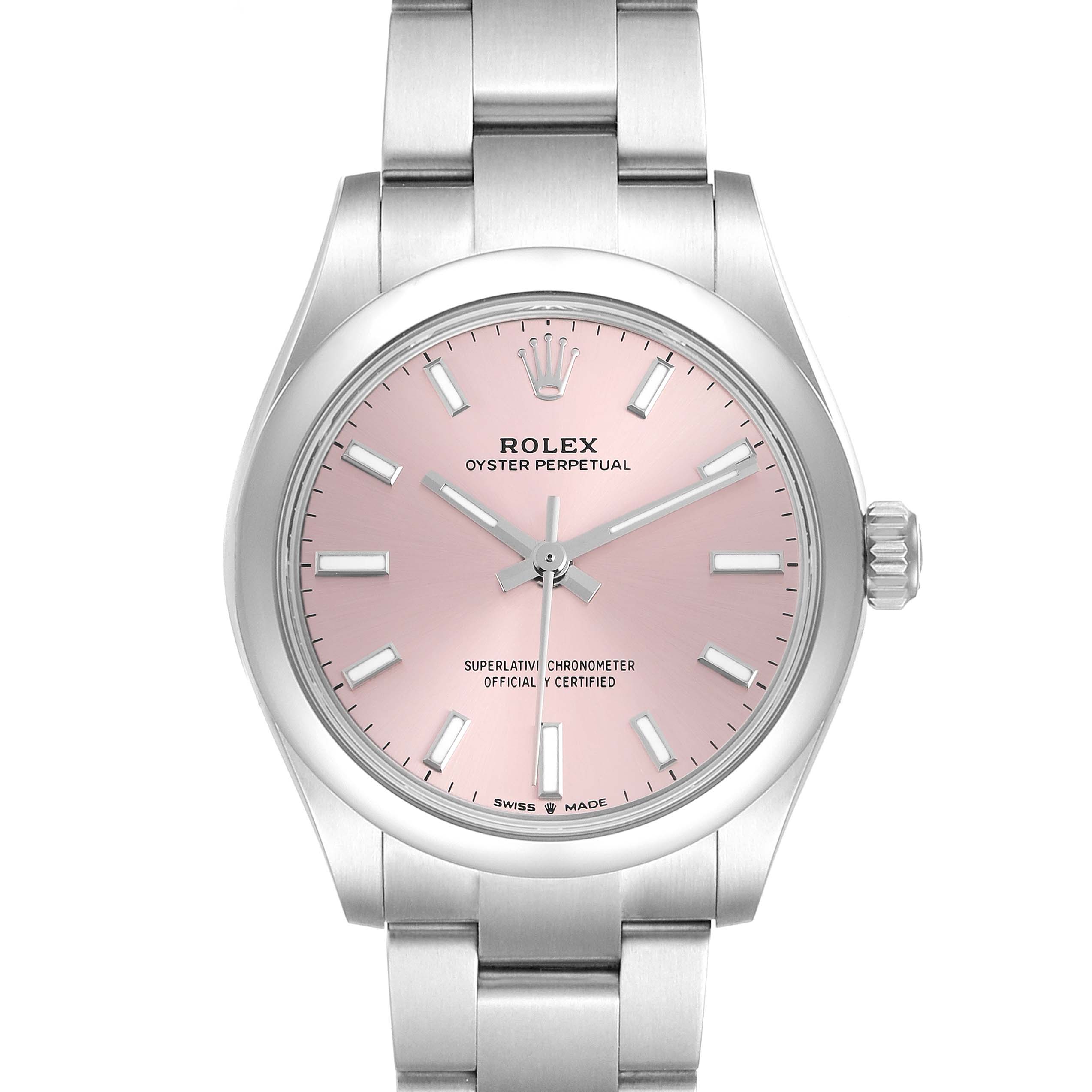 This Rolex Oyster Perpetual Women's Stainless Steel Pink Dial watch is shown from the front, highlighting its pink dial and metal bracelet.