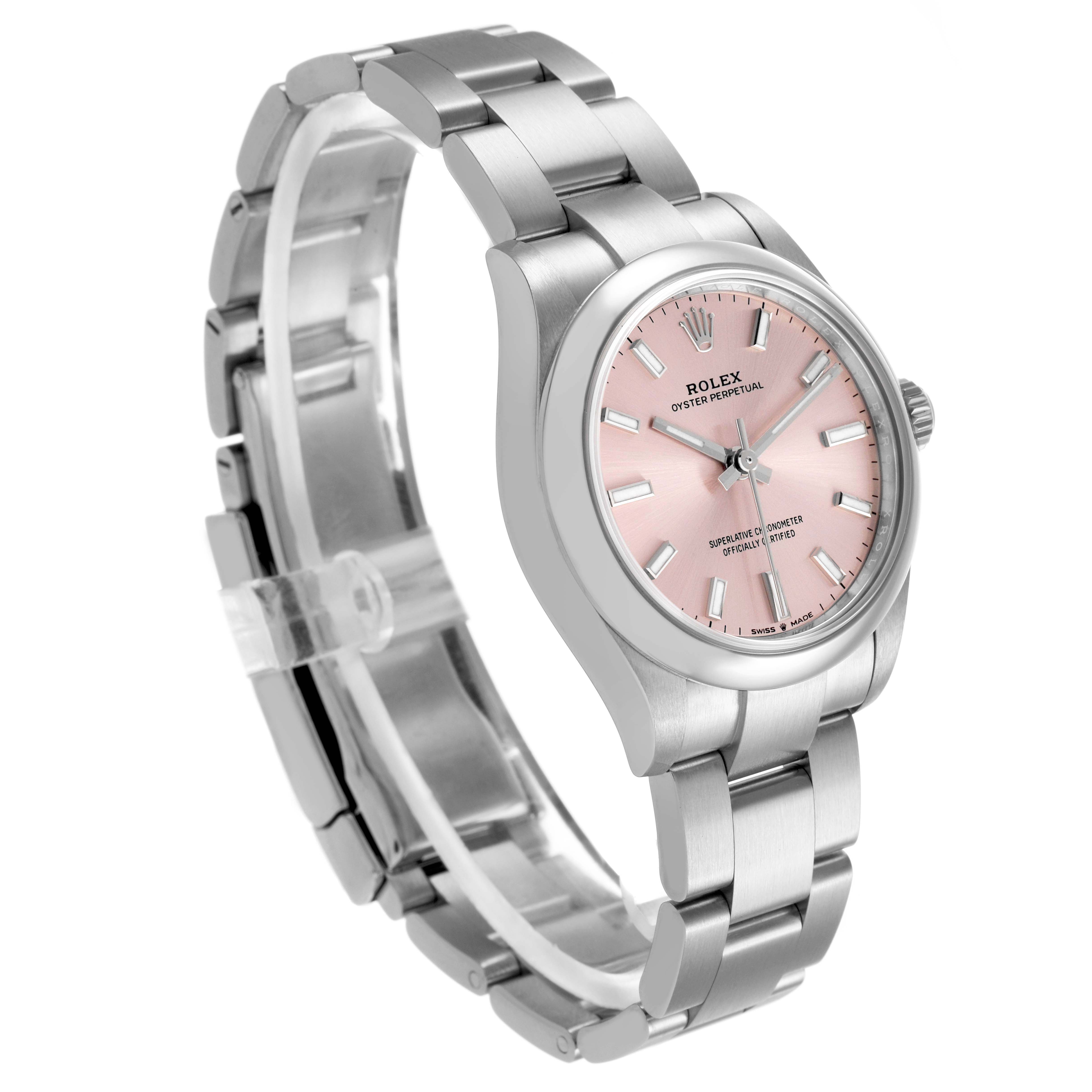 The Rolex Oyster Perpetual Women's Stainless Steel Pink Dial watch is shown at a three-quarter angle, highlighting its pink dial and metal bracelet.