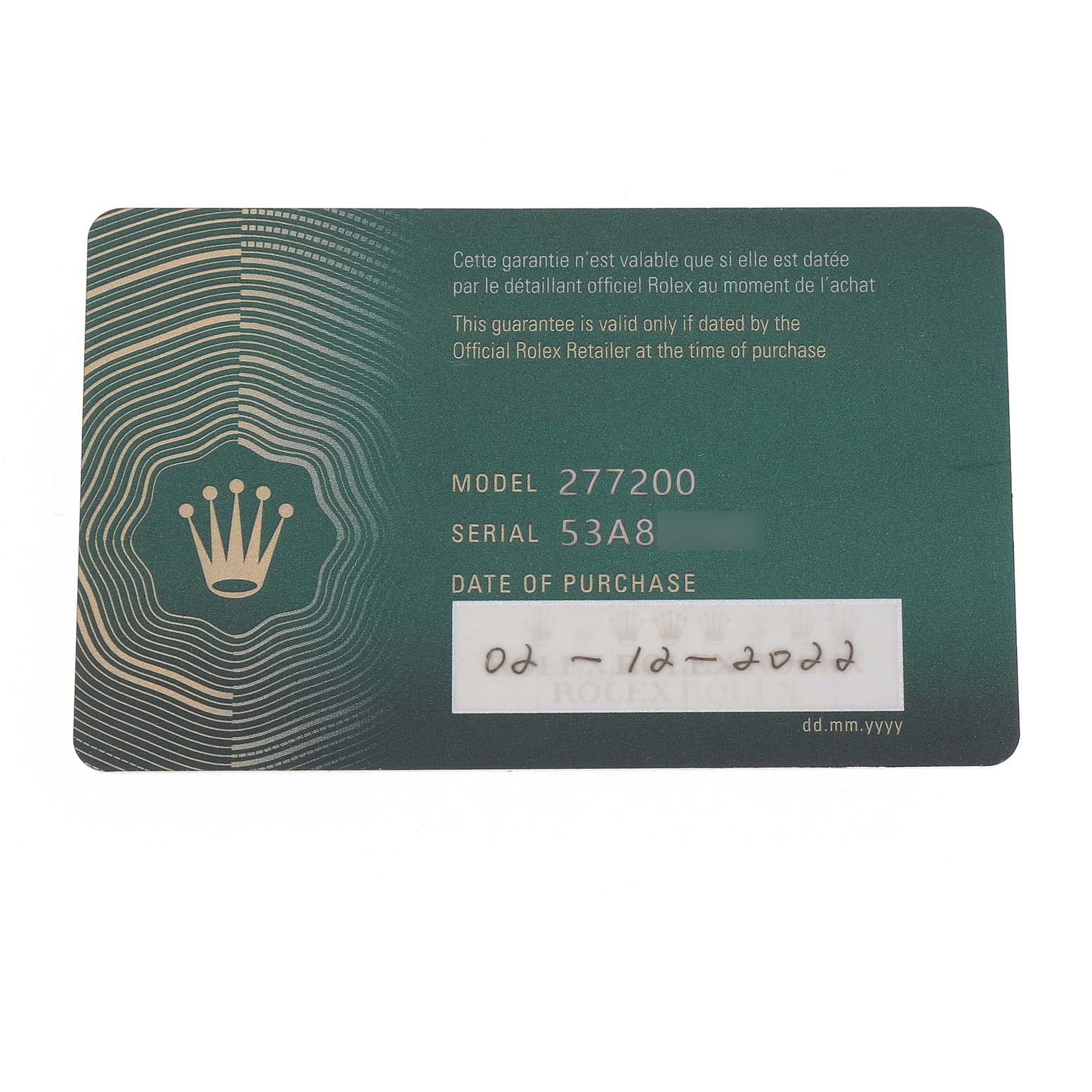 The image shows a warranty card for the Rolex Oyster Perpetual Women's Stainless Steel Pink Dial model, featuring its model and serial number.