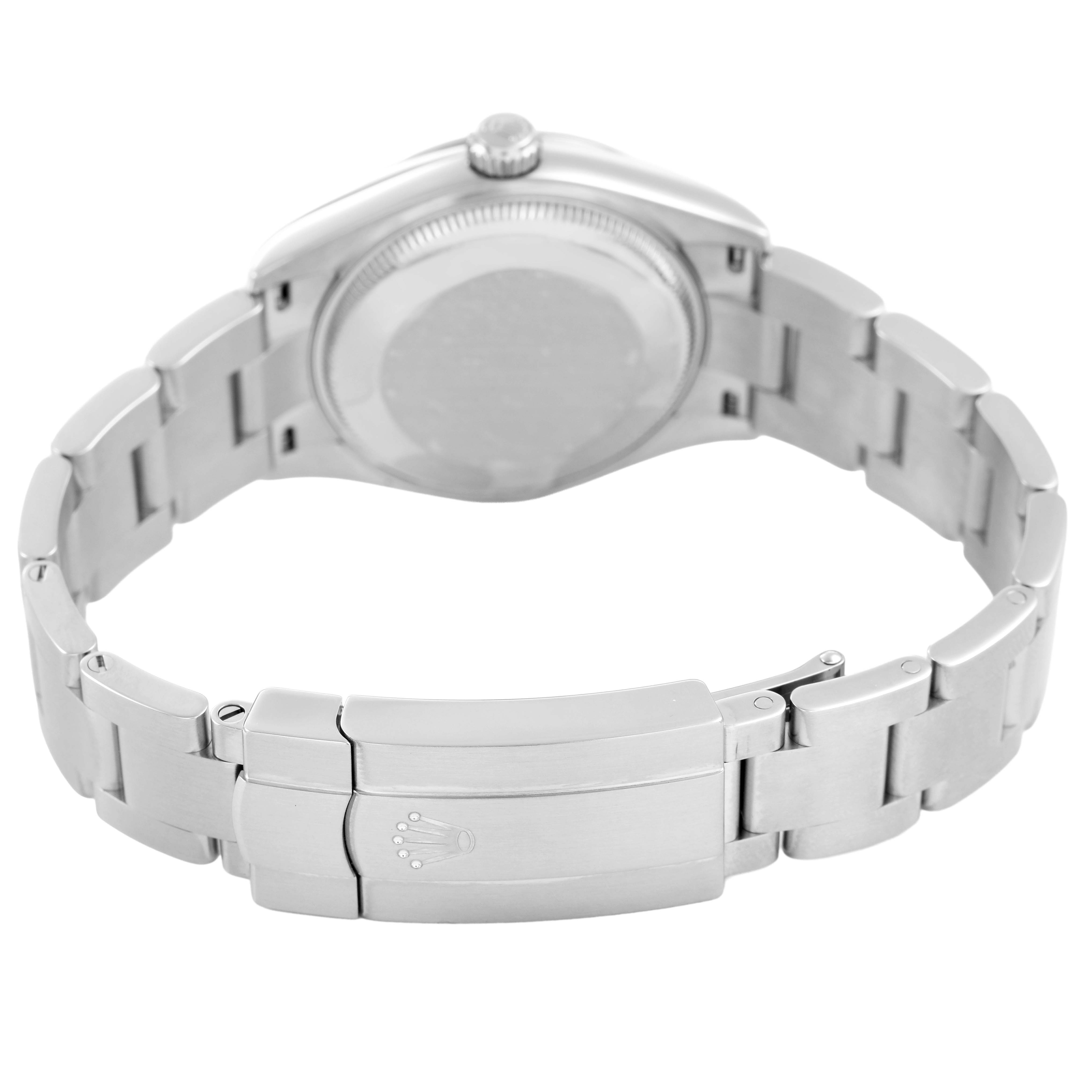 The image shows the back and clasp of a Rolex Oyster Perpetual Women's Stainless Steel Pink Dial watch at an angled view.