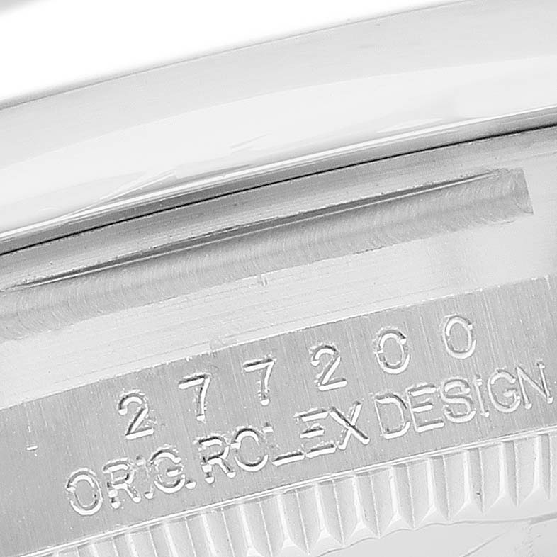 The image shows a close-up of the case edge for the Rolex Oyster Perpetual Women's Stainless Steel Pink Dial, highlighting the engraved markings.