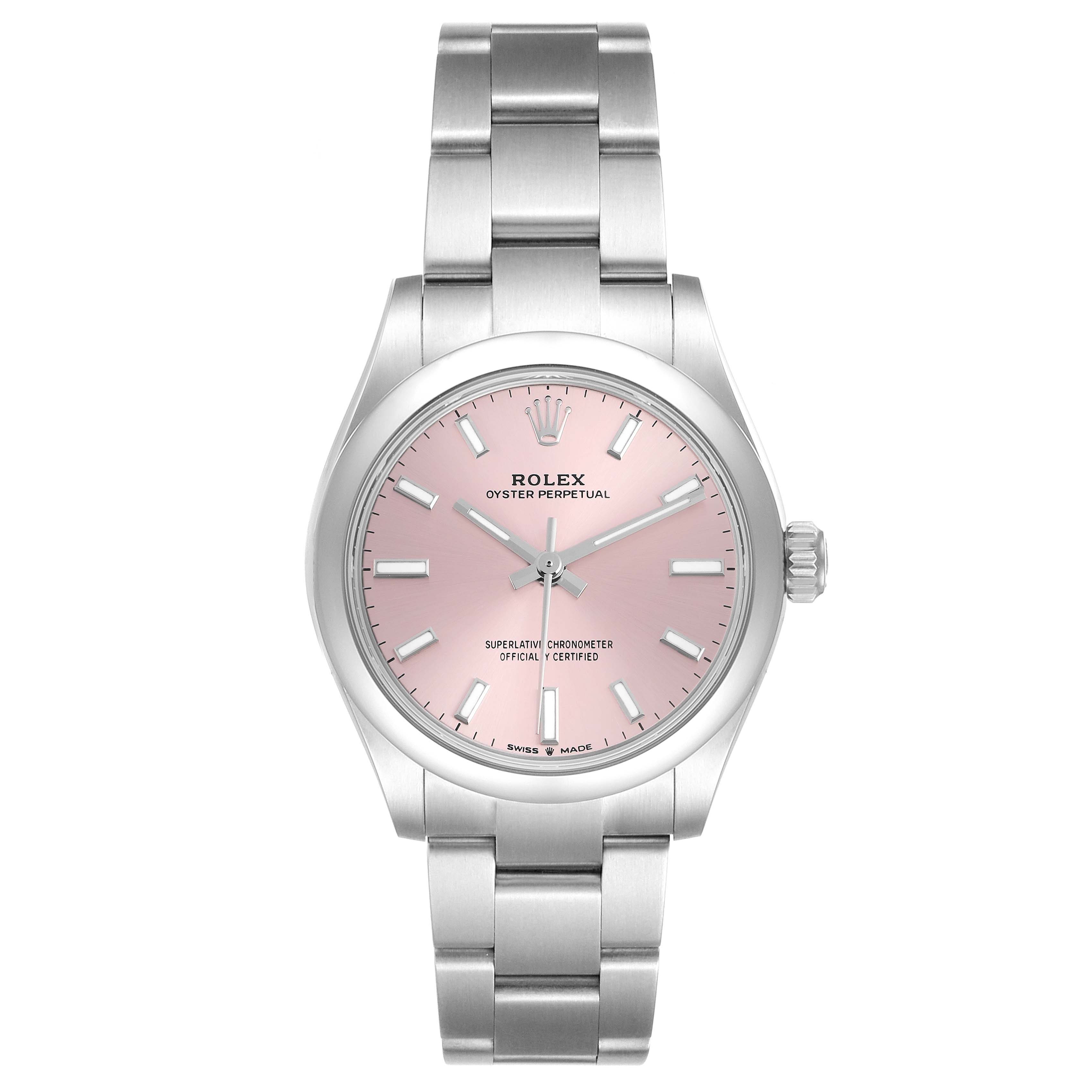 The Rolex Oyster Perpetual Women's Stainless Steel Pink Dial watch is shown from a front angle, highlighting its pink dial, bezel, and bracelet.