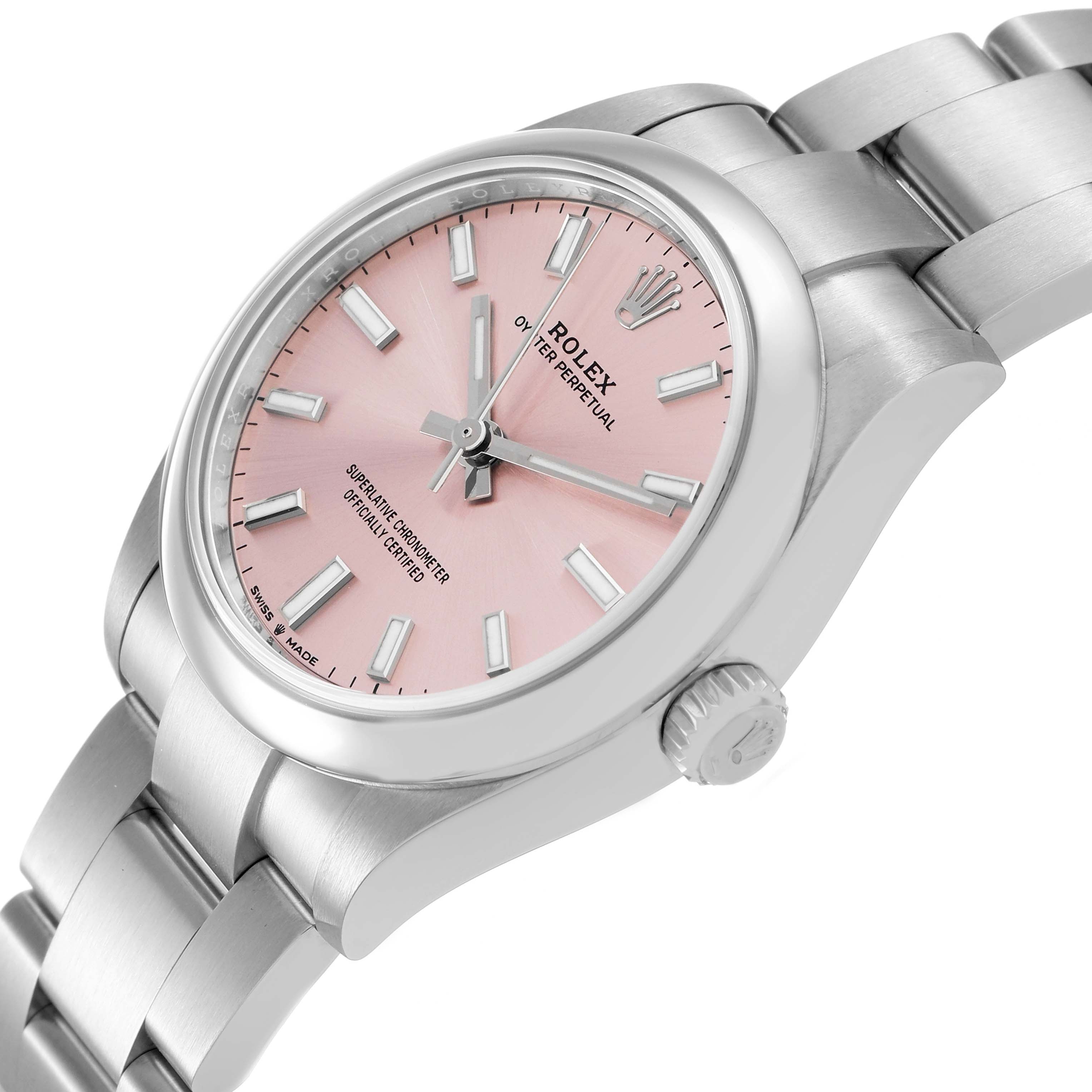 The Rolex Oyster Perpetual Women's Stainless Steel Pink Dial watch is shown at a side angle, highlighting the pink dial, crown, and stainless steel bracelet.