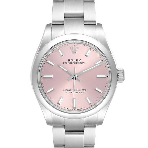 The Rolex Oyster Perpetual Women's Stainless Steel Pink Dial watch is shown from a front angle, highlighting its pink dial, bezel, and part of the bracelet.