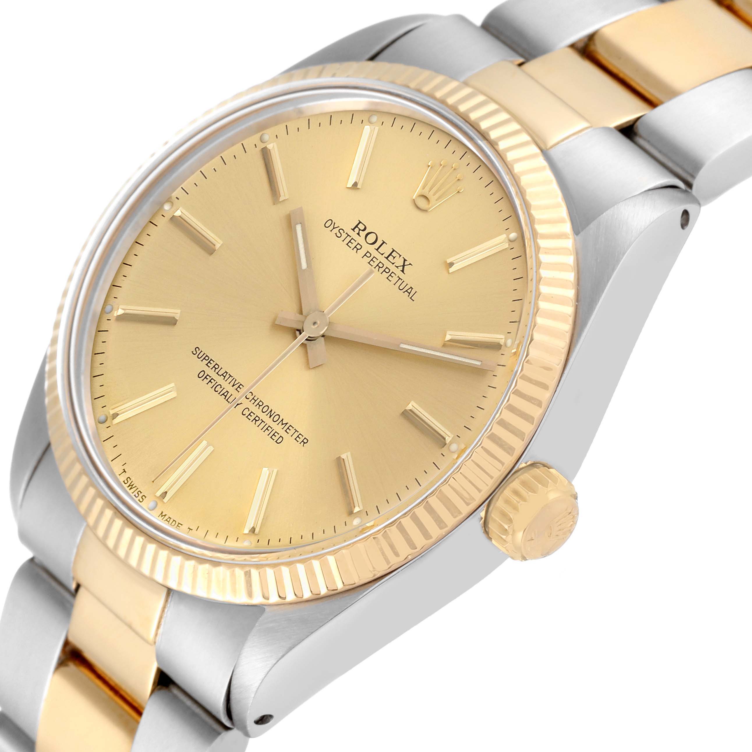 The image shows a close-up angled view of the Rolex Oyster Perpetual 1005 Men's Steel and Gold (two tone) Champagne Dial 1005 Men's Steel and Gold (two tone) Champagne Dial watch, highlighting its face, bezel, and part of the bracelet.