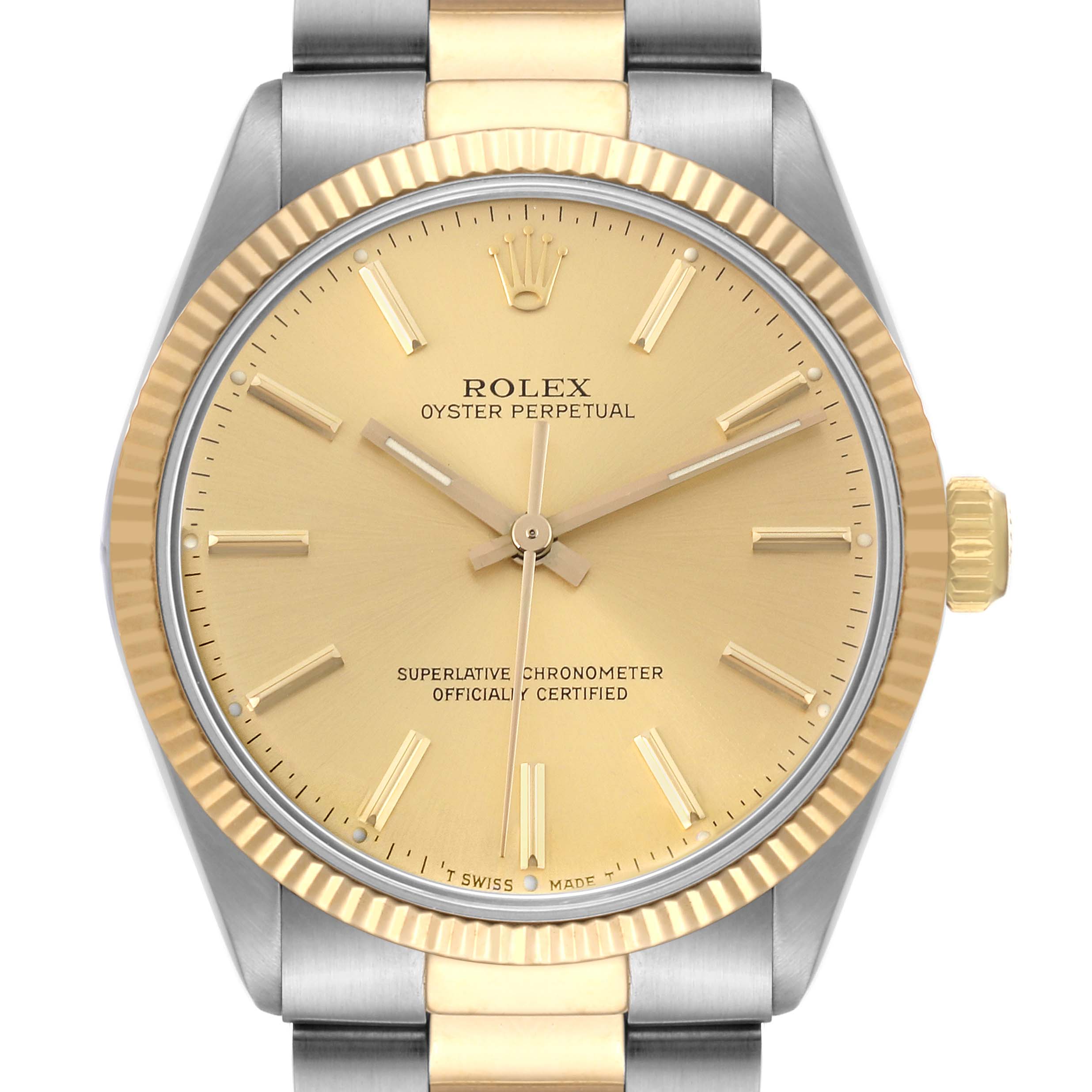 The image shows a front view of the Rolex Oyster Perpetual 1005 Men's Steel and Gold (two tone) Champagne Dial 1005 Men's Steel and Gold (two tone) Champagne Dial watch, highlighting its gold dial and bezel.