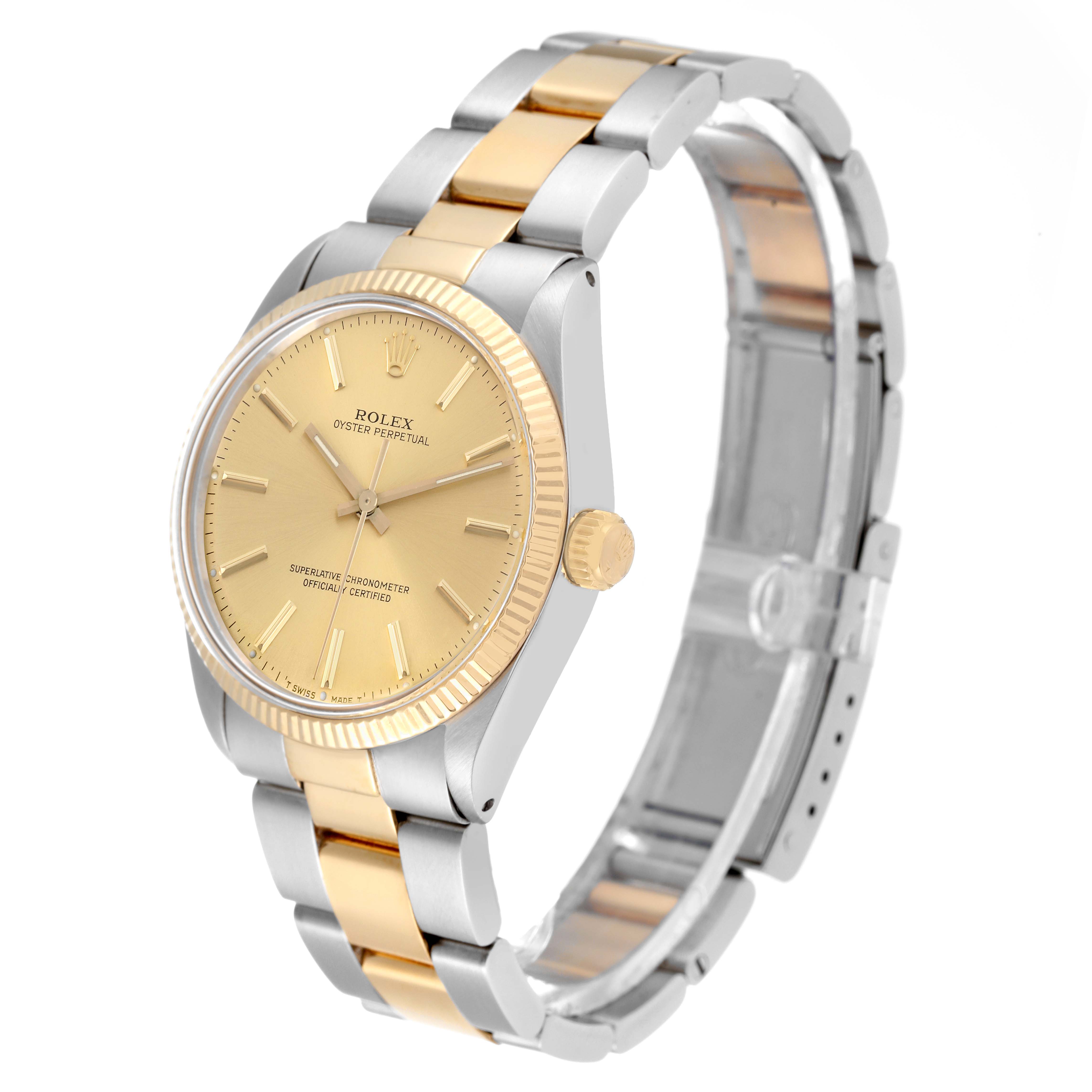 The image shows a side and front angle of a Rolex Oyster Perpetual 1005 Men's Steel and Gold (two tone) Champagne Dial 1005 Men's Steel and Gold (two tone) Champagne Dial watch, highlighting its dial, bezel, crown, and bracelet.