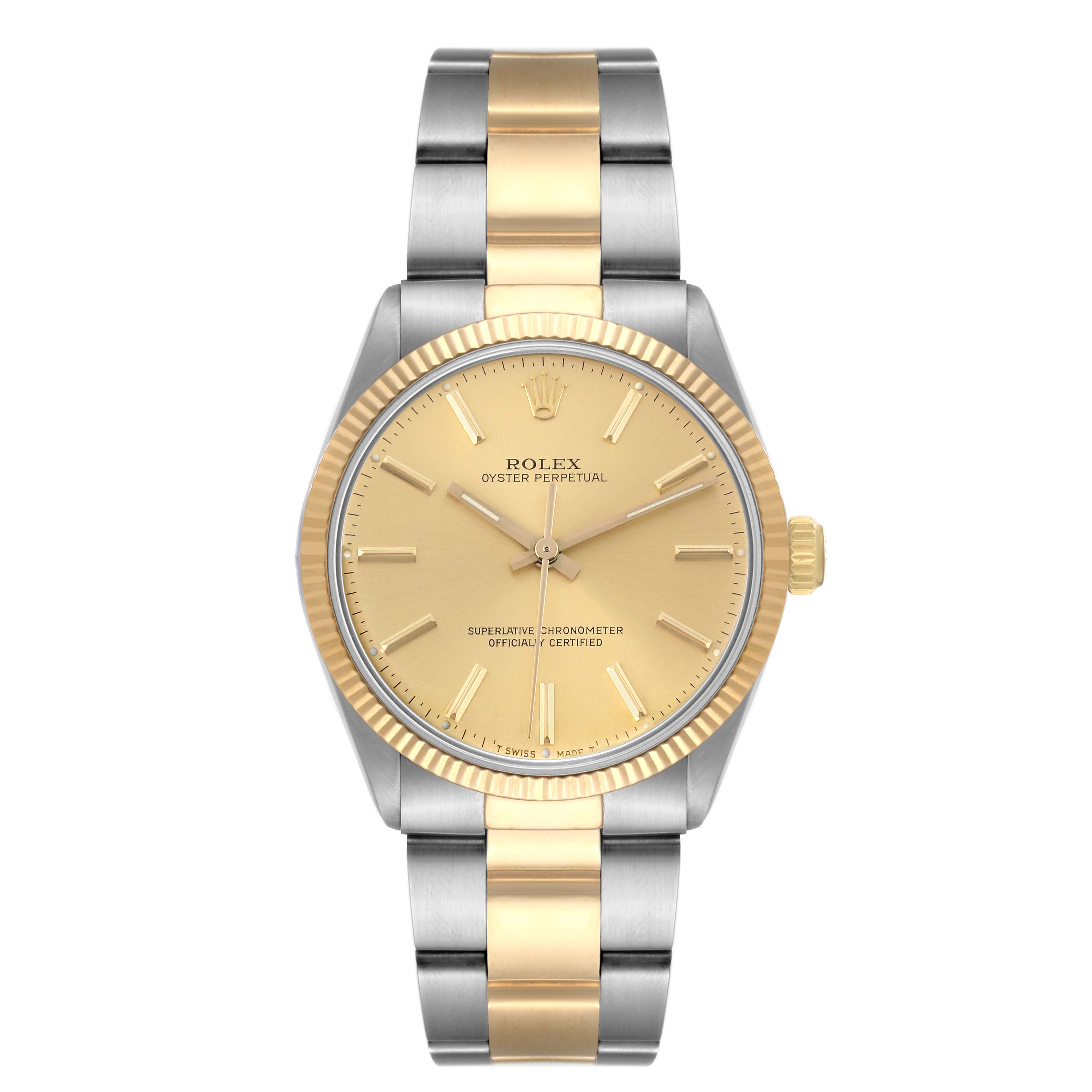 The image shows a frontal view of a Rolex Oyster Perpetual 1005 Men's Steel and Gold (two tone) Champagne Dial 1005 Men's Steel and Gold (two tone) Champagne Dial watch, highlighting its gold and silver bracelet and gold dial.