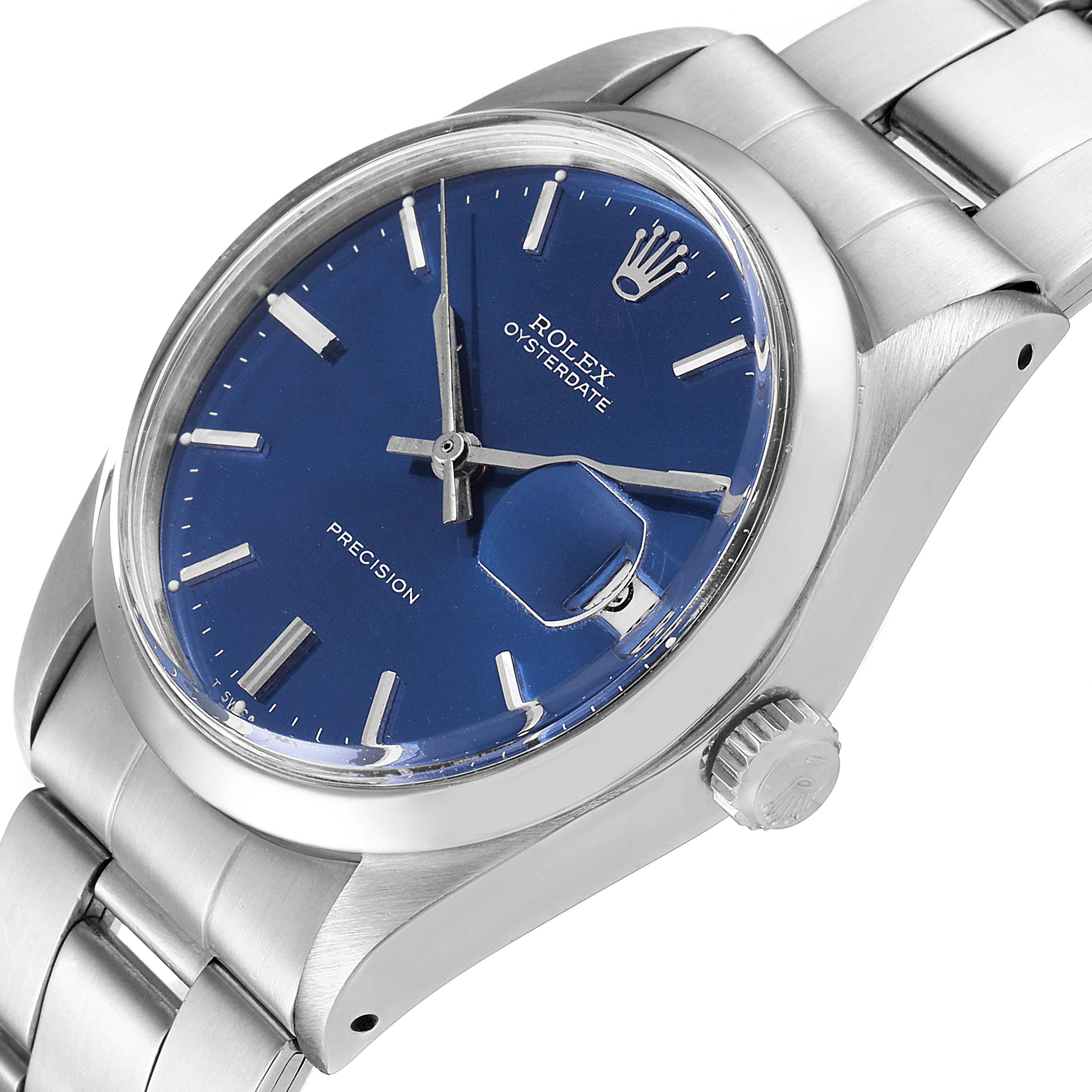 The Rolex Vintage Collection 6694 Men's Stainless Steel Blue Dial 6694 Men's Stainless Steel Blue Dial watch is shown at an angled view, highlighting its blue face, crown, and part of the bracelet.