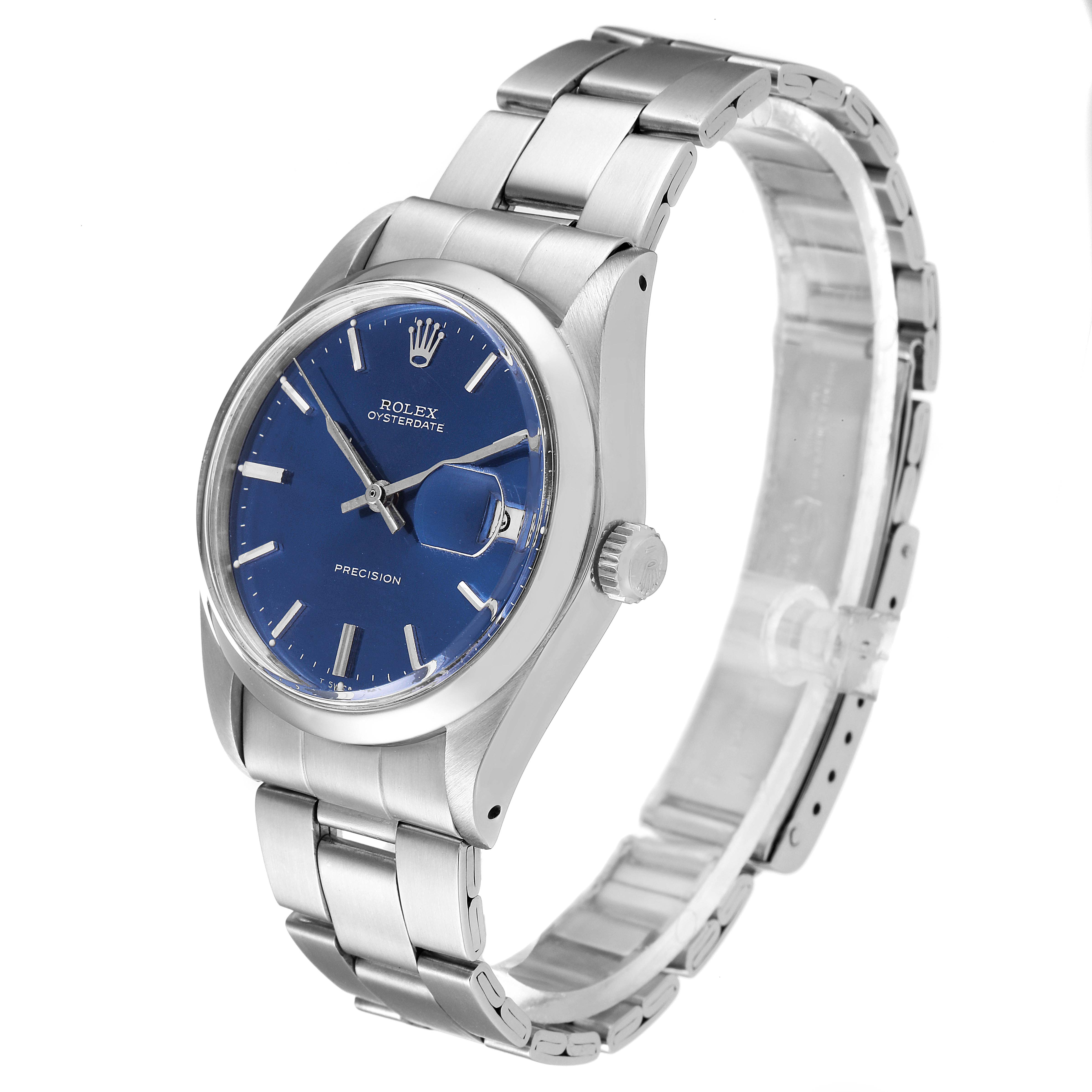 The image shows a Rolex Vintage Collection 6694 Men's Stainless Steel Blue Dial 6694 Men's Stainless Steel Blue Dial watch from a front-right angle, highlighting its blue dial and stainless steel bracelet.