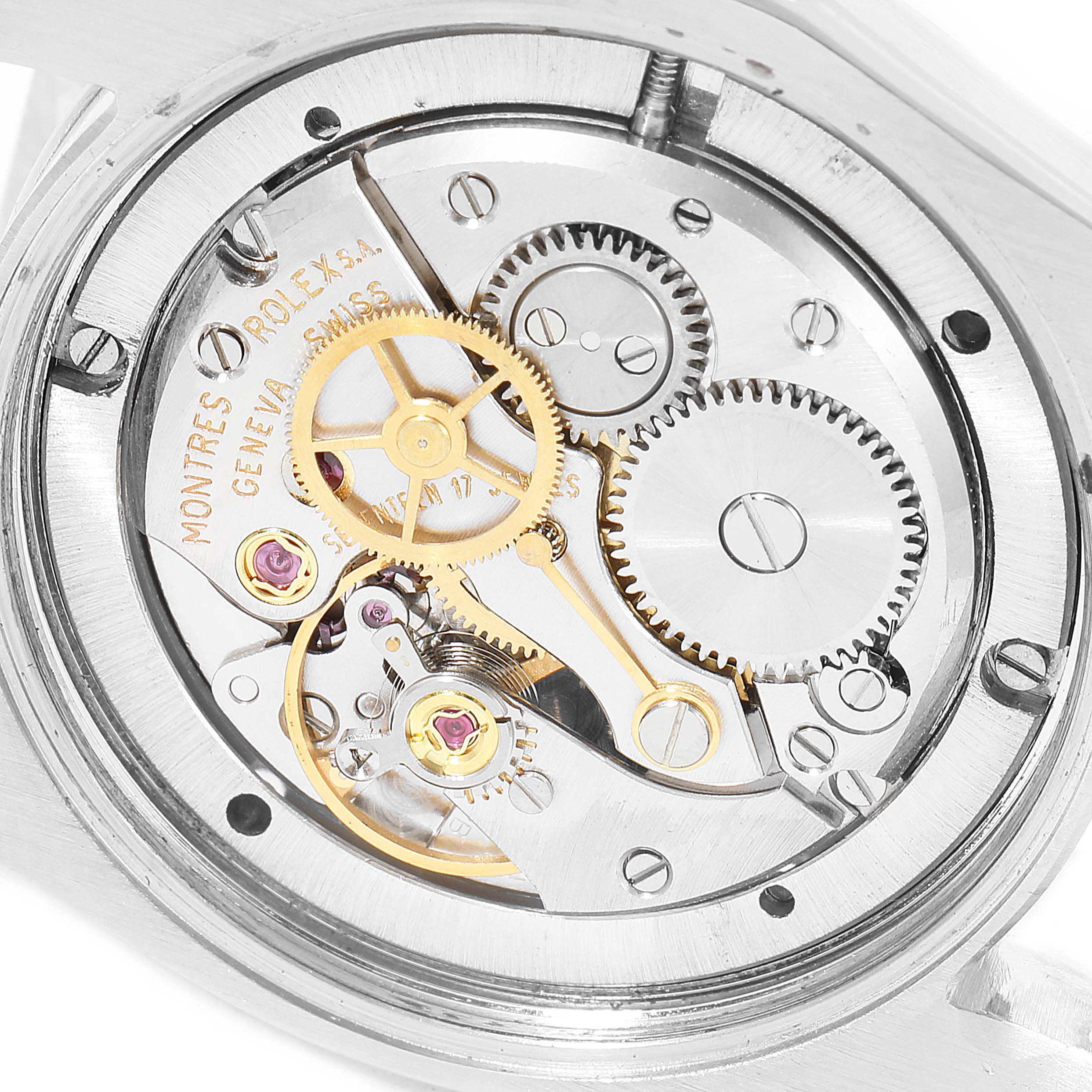 The image shows the inner mechanical movement of the Vintage Collection model by Rolex, viewed from the back.