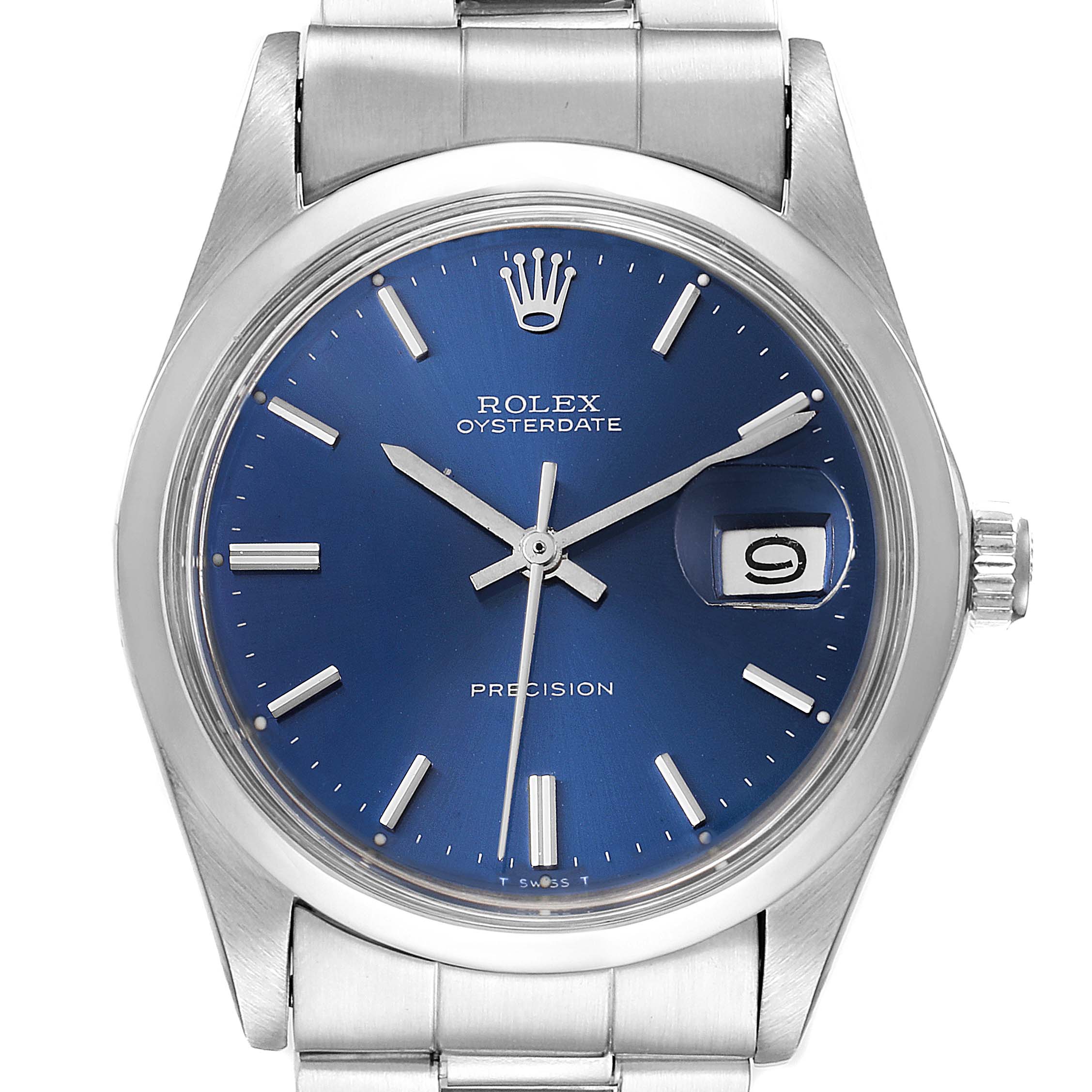 The image shows the face of the Rolex Vintage Collection 6694 Men's Stainless Steel Blue Dial 6694 Men's Stainless Steel Blue Dial Oysterdate watch, with a blue dial and a date magnifier at the 3 o'clock position.