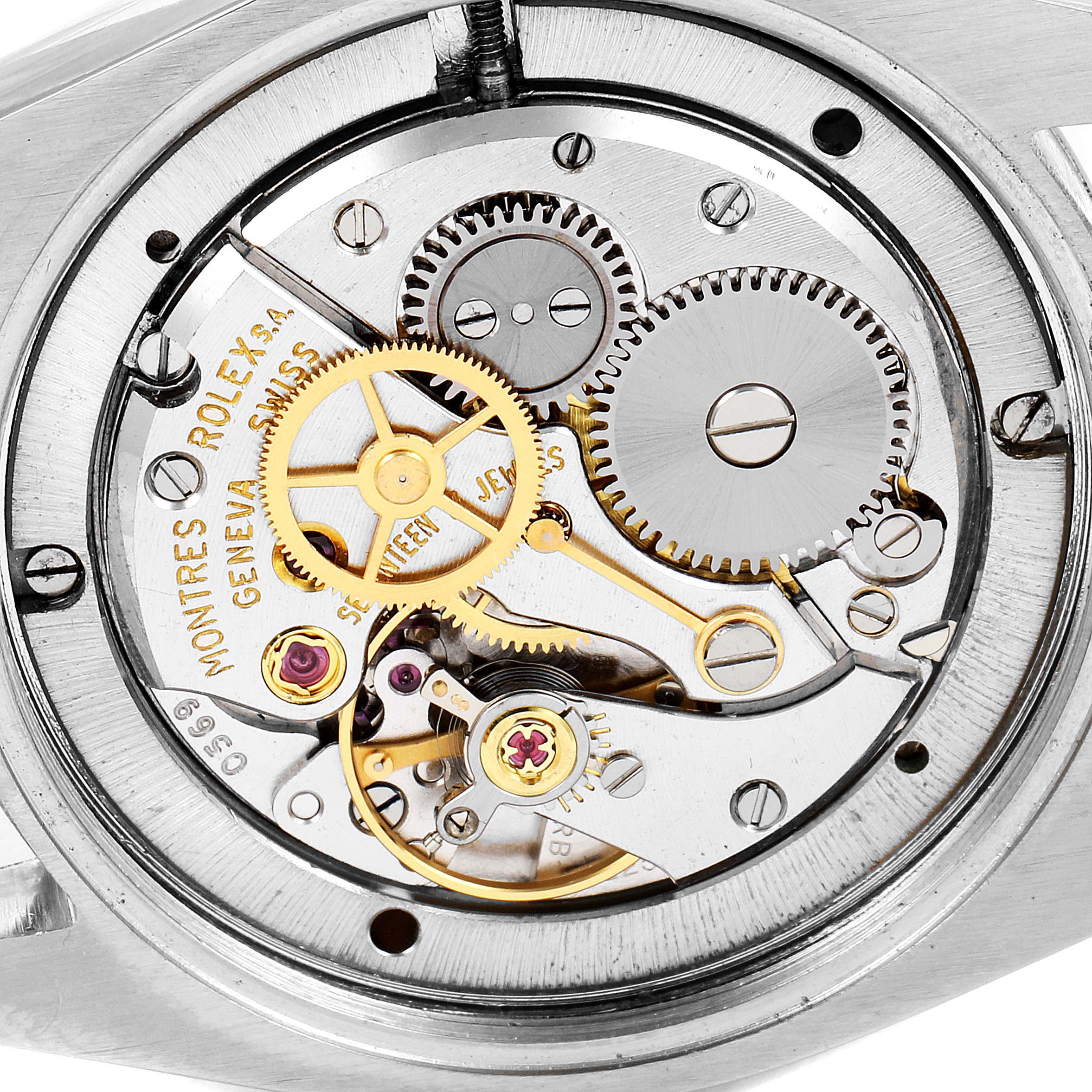 This photo shows the inner working gears and mechanical components of the Rolex Vintage Collection 6694 Men's Stainless Steel Champagne Dial 6694 Men's Stainless Steel Champagne Dial watch.