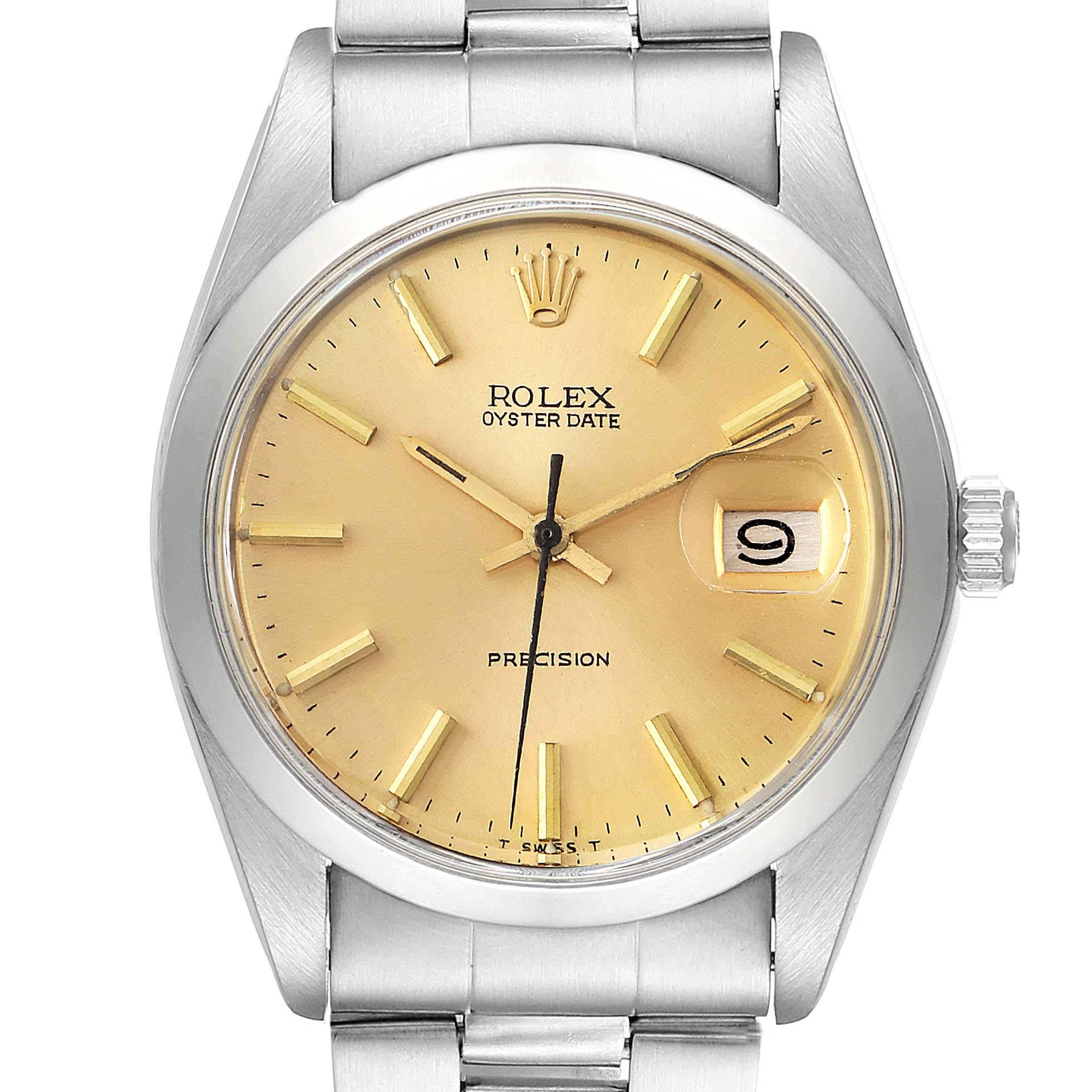 This is a front view of a Rolex Vintage Collection 6694 Men's Stainless Steel Champagne Dial 6694 Men's Stainless Steel Champagne Dial Oyster Date watch showing the face, bezel, crown, and part of the bracelet.