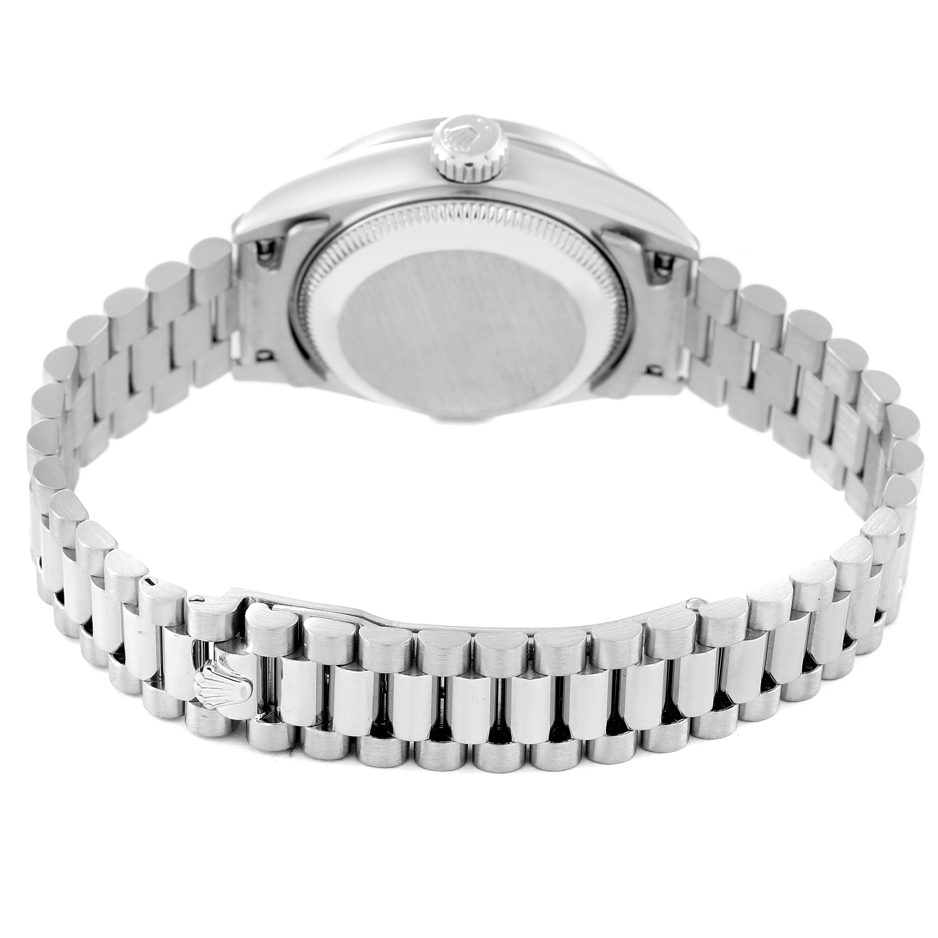 The image shows the back case and bracelet of the Rolex President 69139 Women's White Gold Silver Dial 69139 Women's White Gold Silver Dial model watch from a rear angle.