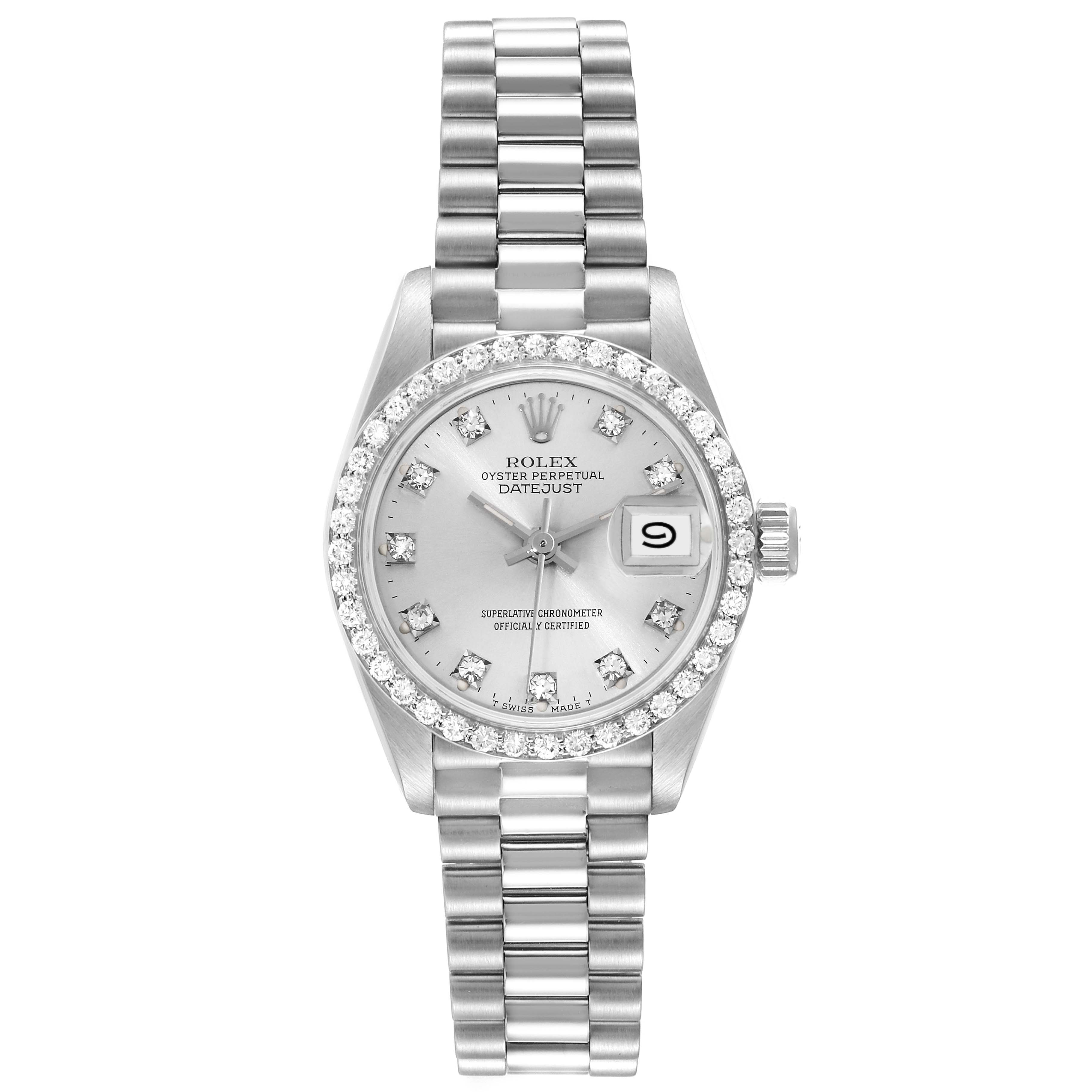 The image shows the Rolex President 69139 Women's White Gold Silver Dial 69139 Women's White Gold Silver Dial model watch from a straight-on angle, highlighting its dial, bezel, and bracelet.