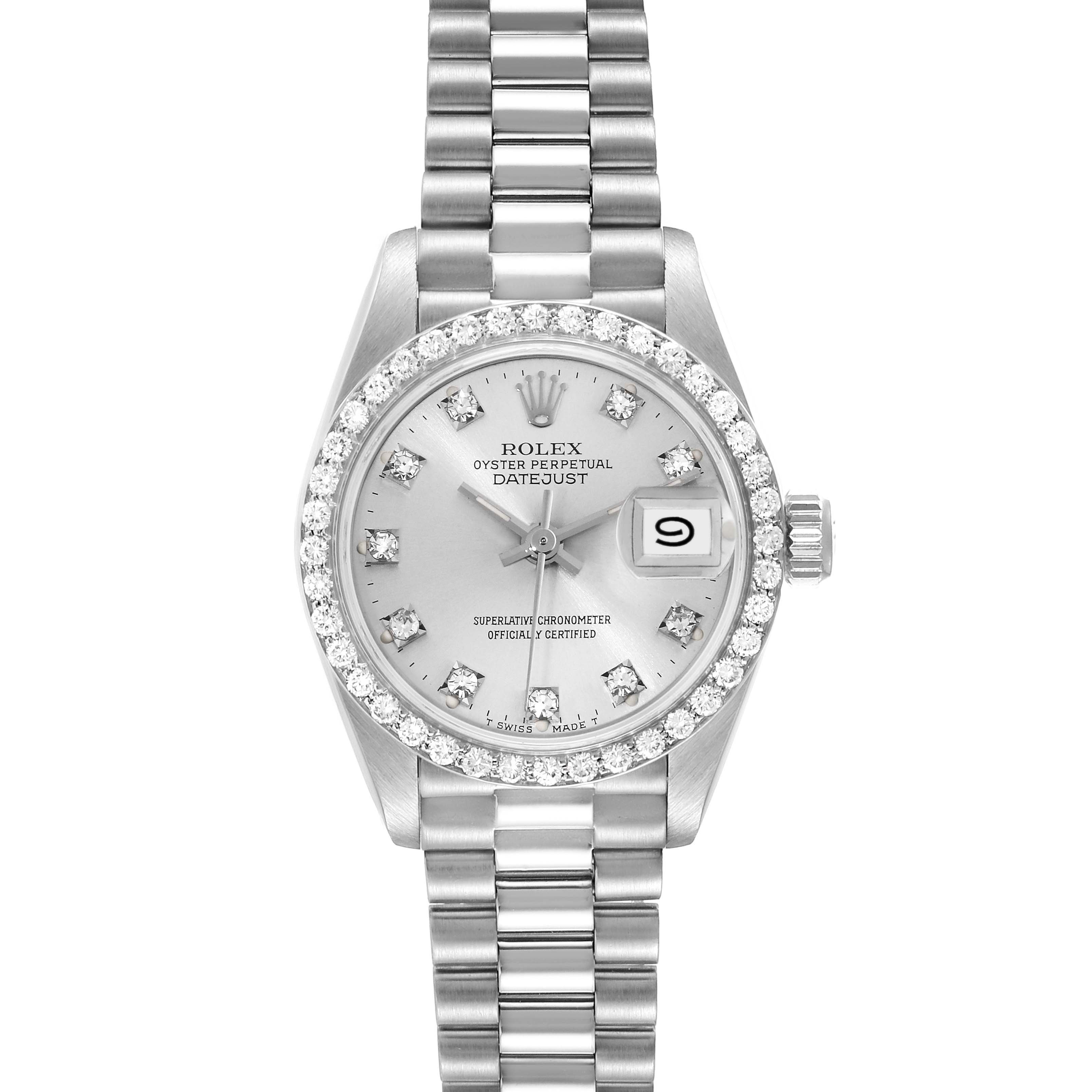 This Rolex President 69139 Women's White Gold Silver Dial 69139 Women's White Gold Silver Dial model watch shows a top-down view of the face, bezel, crown, and bracelet.