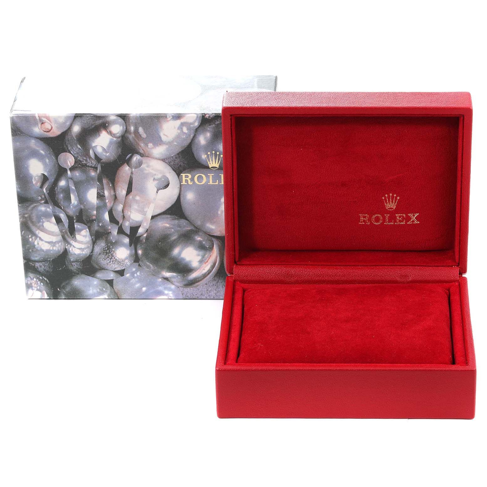 The image shows an empty Rolex President 69139 Women's White Gold Silver Dial 69139 Women's White Gold Silver Dial watch box with a red velvet interior and a decorative outer box.