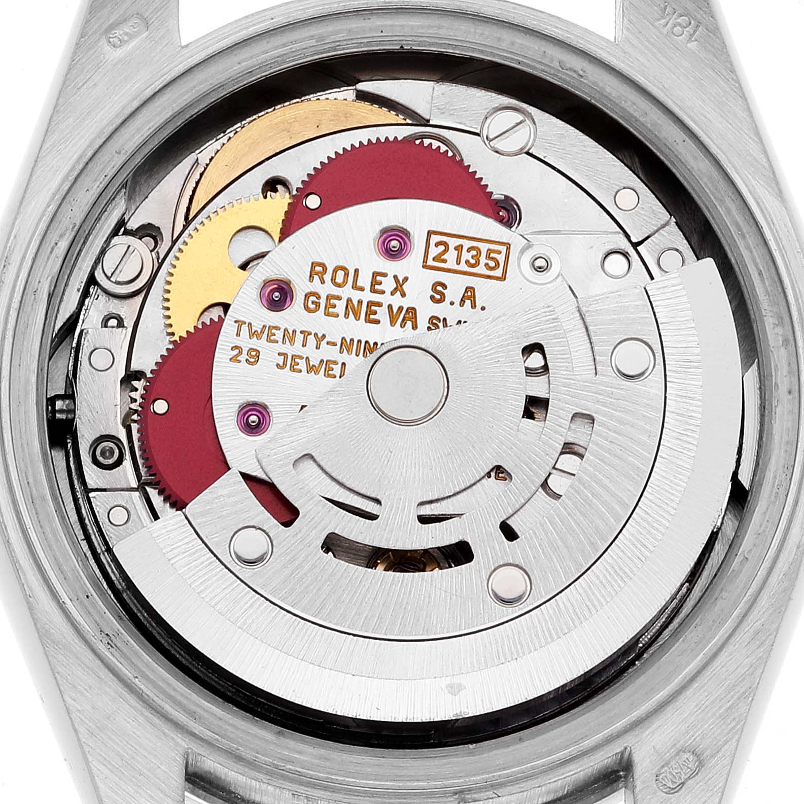 This is a close-up view of the movement and inner mechanism of a Rolex President 69139 Women's White Gold Silver Dial 69139 Women's White Gold Silver Dial model watch.