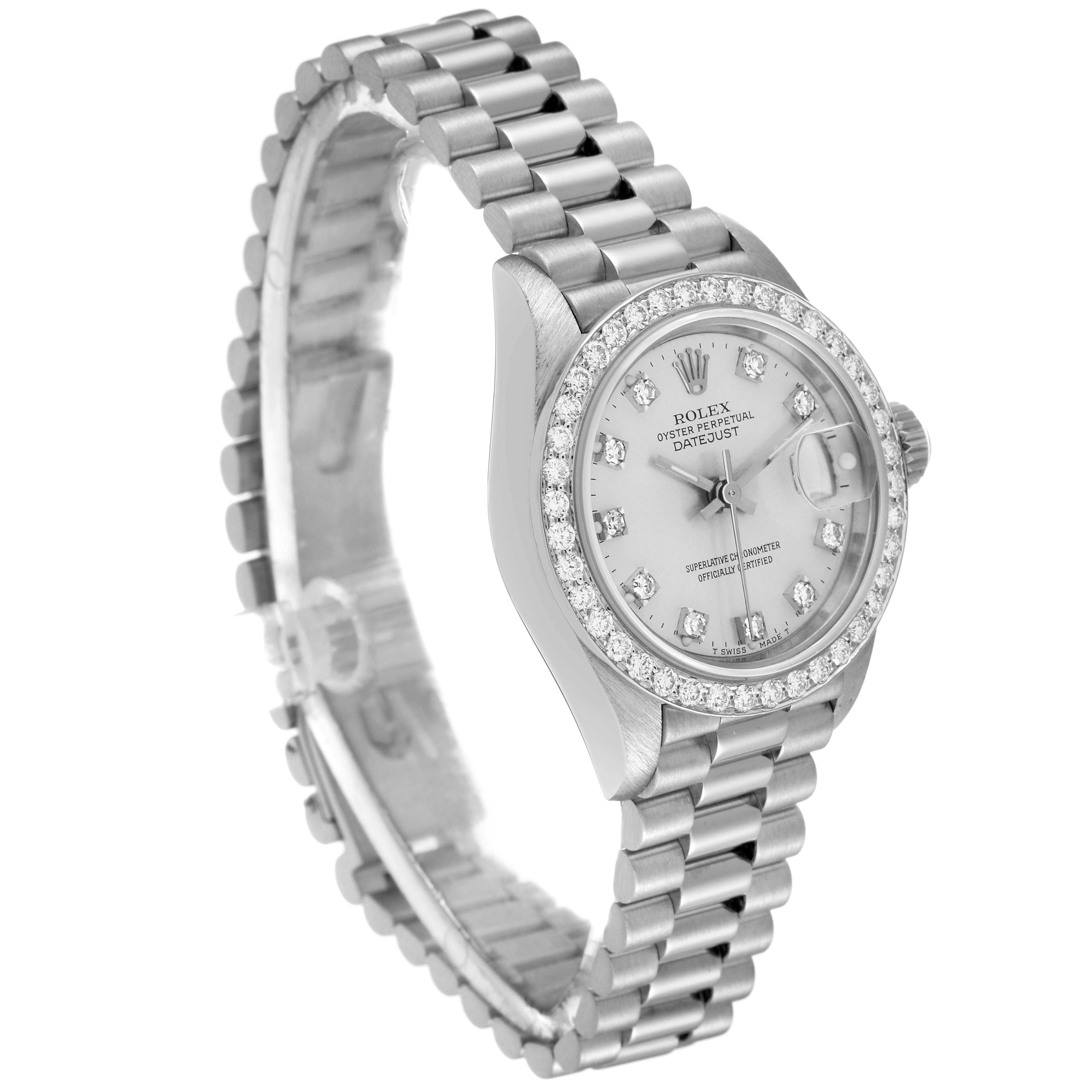 The image shows a Rolex President 69139 Women's White Gold Silver Dial 69139 Women's White Gold Silver Dial model watch at a slight angle, highlighting its face, bezel, and part of the band.