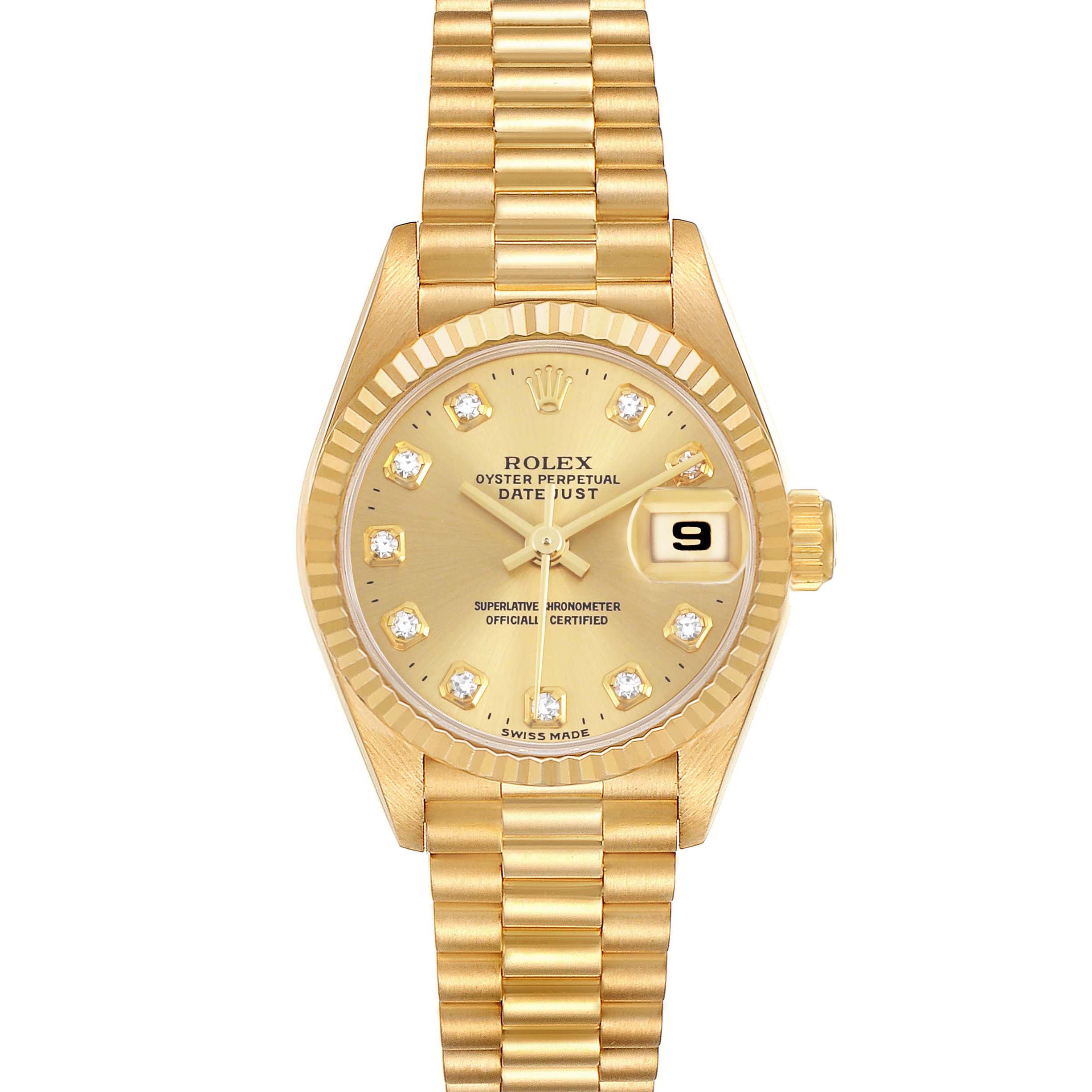 The Rolex President 69178 Women's Yellow Gold Champagne Dial model watch is shown from a top view, displaying the dial, fluted bezel, and bracelet.