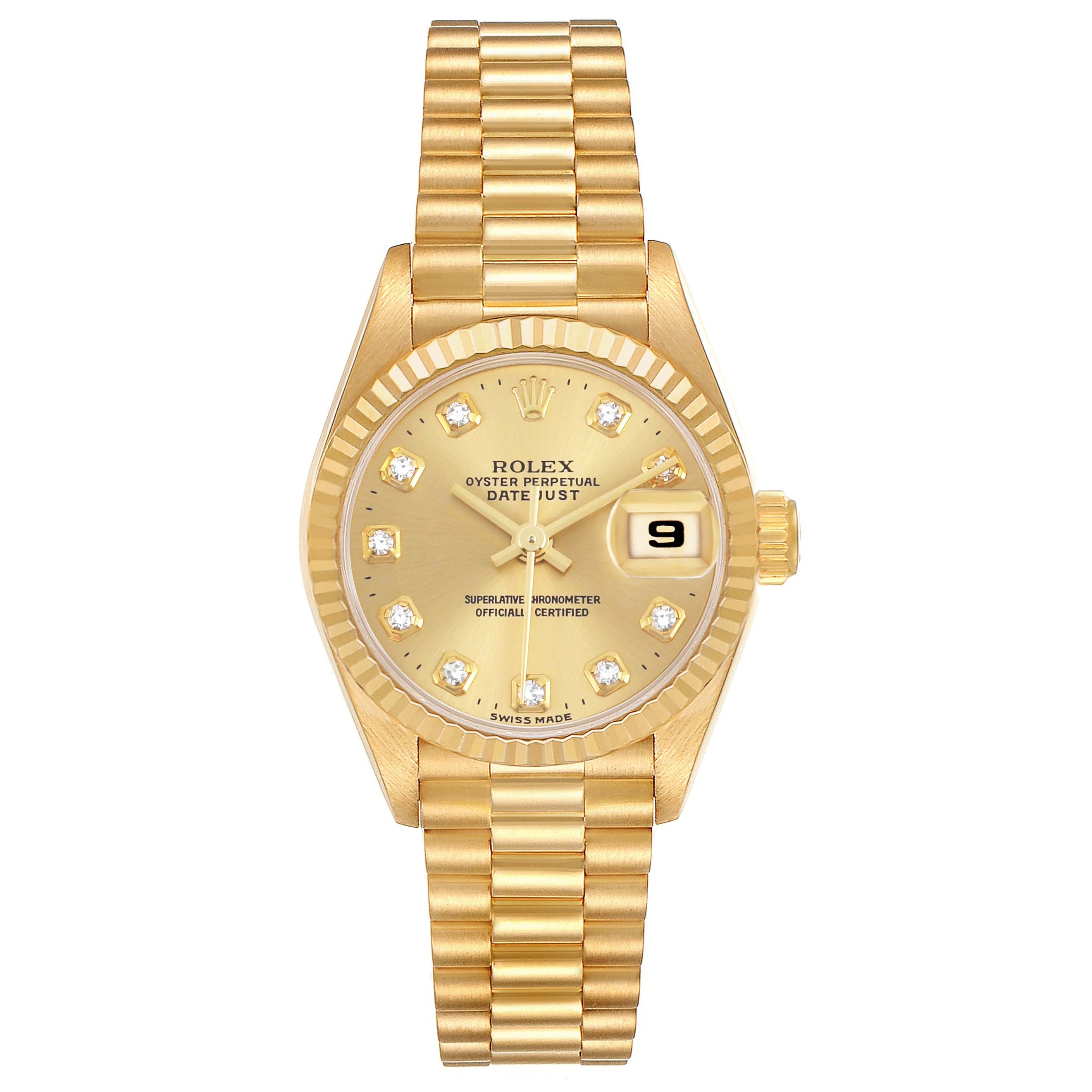 The image shows a Rolex President 69178 Women's Yellow Gold Champagne Dial model watch face-on, highlighting its gold bracelet, fluted bezel, and diamond hour markers.