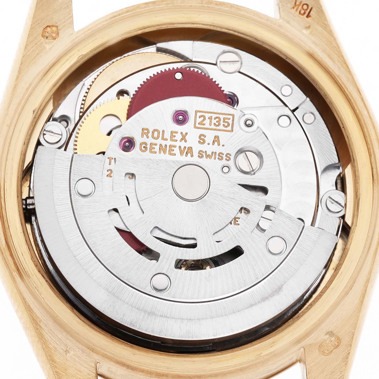 The image shows the movement mechanism of a Rolex President 69178 Women's Yellow Gold Champagne Dial model watch from the back view.